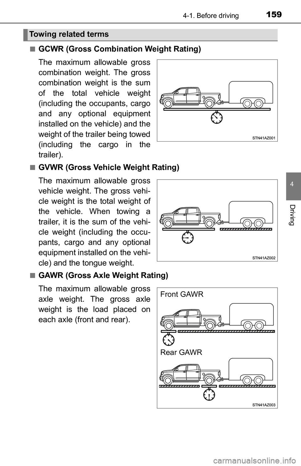 TOYOTA TUNDRA 2016 2.G Owners Manual 1594-1. Before driving
4
Driving
■GCWR (Gross Combination Weight Rating)
The maximum allowable gross
combination weight. The gross
combination weight is the sum
of the total vehicle weight
(includin TOYOTA TUNDRA 2016 2.G Owners Manual 1594-1. Before driving
4
Driving
■GCWR (Gross Combination Weight Rating)
The maximum allowable gross
combination weight. The gross
combination weight is the sum
of the total vehicle weight
(includin