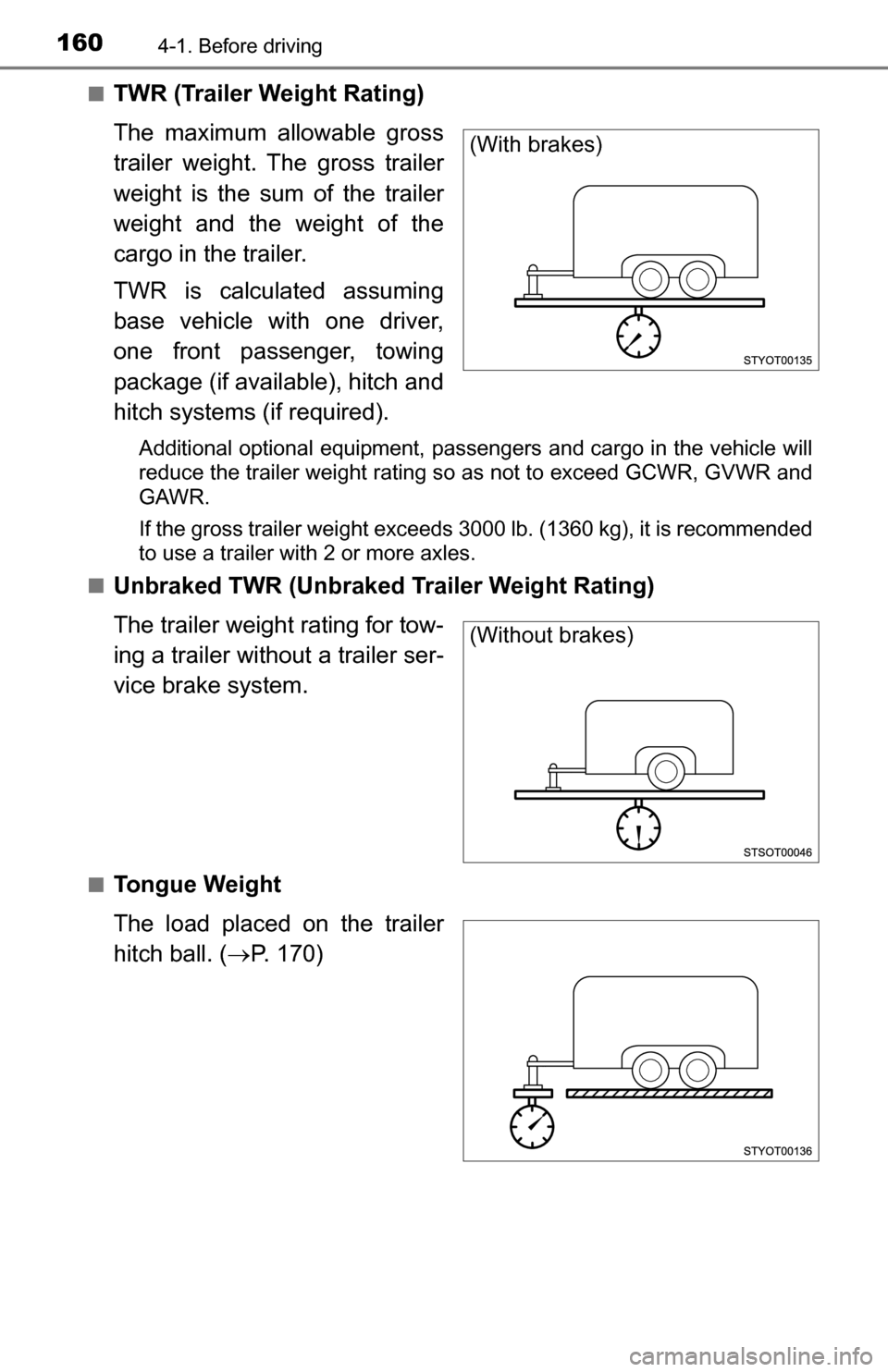 TOYOTA TUNDRA 2016 2.G Owners Manual 1604-1. Before driving
■TWR (Trailer Weight Rating)
The maximum allowable gross
trailer weight. The gross trailer
weight is the sum of the trailer
weight and the weight of the
cargo in the trailer.
TOYOTA TUNDRA 2016 2.G Owners Manual 1604-1. Before driving
■TWR (Trailer Weight Rating)
The maximum allowable gross
trailer weight. The gross trailer
weight is the sum of the trailer
weight and the weight of the
cargo in the trailer.
