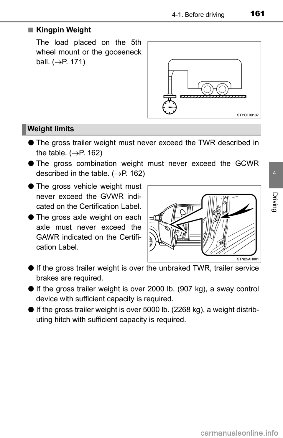 TOYOTA TUNDRA 2016 2.G Owners Manual 1614-1. Before driving
4
Driving
■Kingpin Weight
The load placed on the 5th
wheel mount or the gooseneck
ball. (P. 171)
● The gross trailer weight must never exceed the TWR described in
the tab TOYOTA TUNDRA 2016 2.G Owners Manual 1614-1. Before driving
4
Driving
■Kingpin Weight
The load placed on the 5th
wheel mount or the gooseneck
ball. (P. 171)
● The gross trailer weight must never exceed the TWR described in
the tab