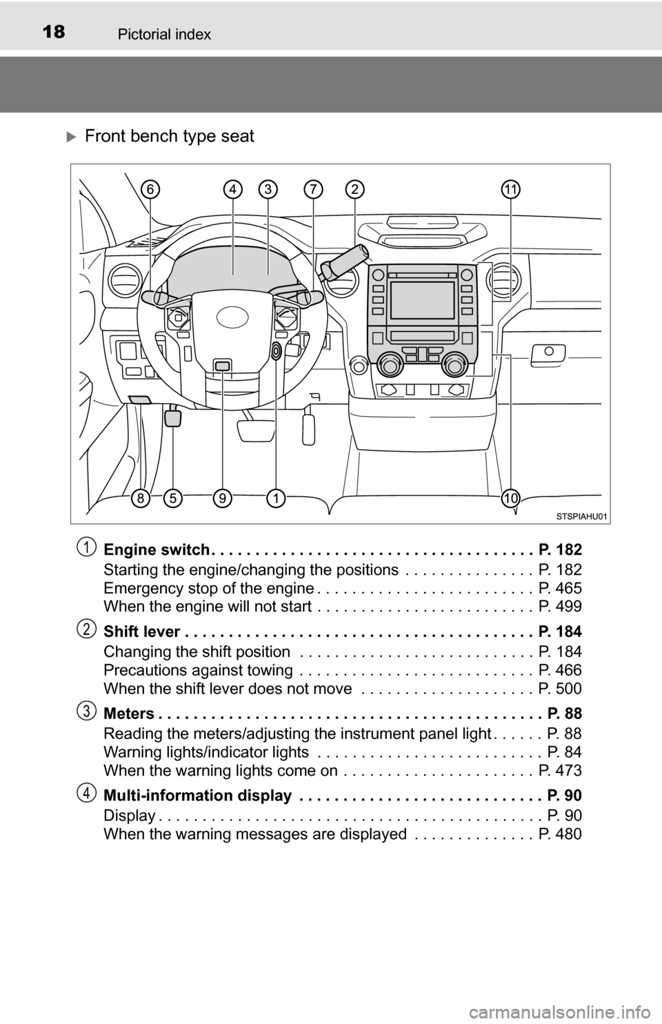 TOYOTA TUNDRA 2016 2.G User Guide 18Pictorial index
Front bench type seat
Engine switch . . . . . . . . . . . . . . . . . . . . . . . . . . . . . . . . . . . . .  P. 182
Starting the engine/changing the positions  . . . . . . . . .