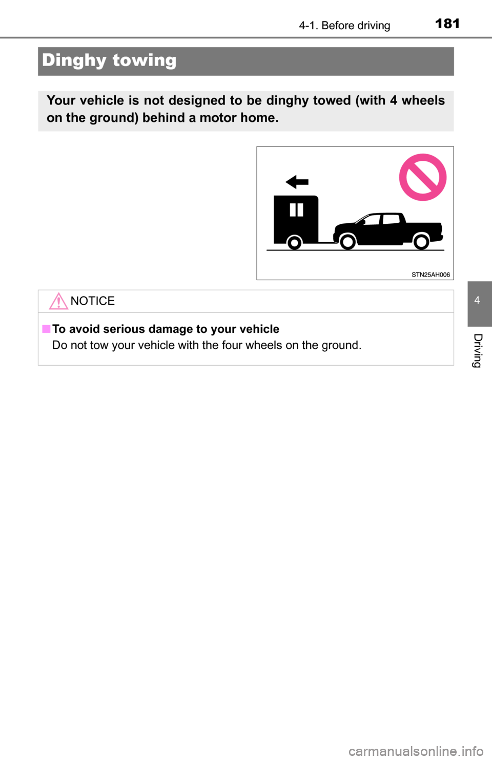 TOYOTA TUNDRA 2016 2.G Owners Manual 1814-1. Before driving
4
Driving
Dinghy towing
Your vehicle is not designed to be dinghy towed (with 4 wheels
on the ground) behind a motor home.
NOTICE
■To avoid serious damage to your vehicle
Do TOYOTA TUNDRA 2016 2.G Owners Manual 1814-1. Before driving
4
Driving
Dinghy towing
Your vehicle is not designed to be dinghy towed (with 4 wheels
on the ground) behind a motor home.
NOTICE
■To avoid serious damage to your vehicle
Do