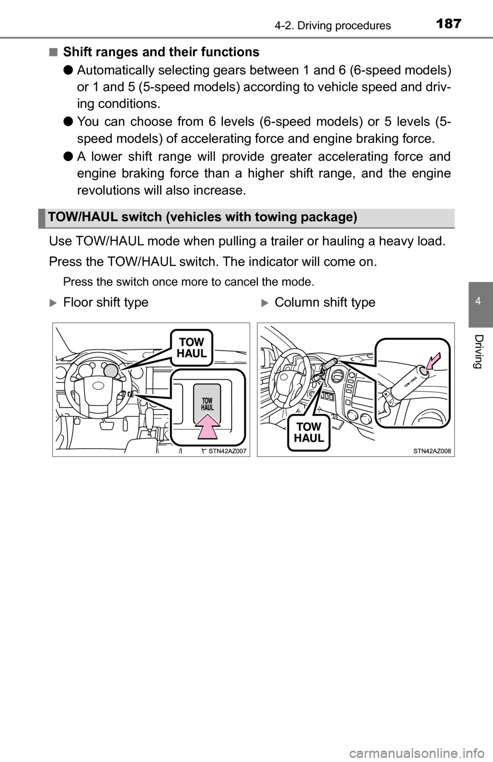 TOYOTA TUNDRA 2016 2.G Owners Manual 1874-2. Driving procedures
4
Driving
■Shift ranges and their functions
●Automatically selecting gears bet ween 1 and 6 (6-speed models)
or 1 and 5 (5-speed models) accord ing to vehicle speed and TOYOTA TUNDRA 2016 2.G Owners Manual 1874-2. Driving procedures
4
Driving
■Shift ranges and their functions
●Automatically selecting gears bet ween 1 and 6 (6-speed models)
or 1 and 5 (5-speed models) accord ing to vehicle speed and