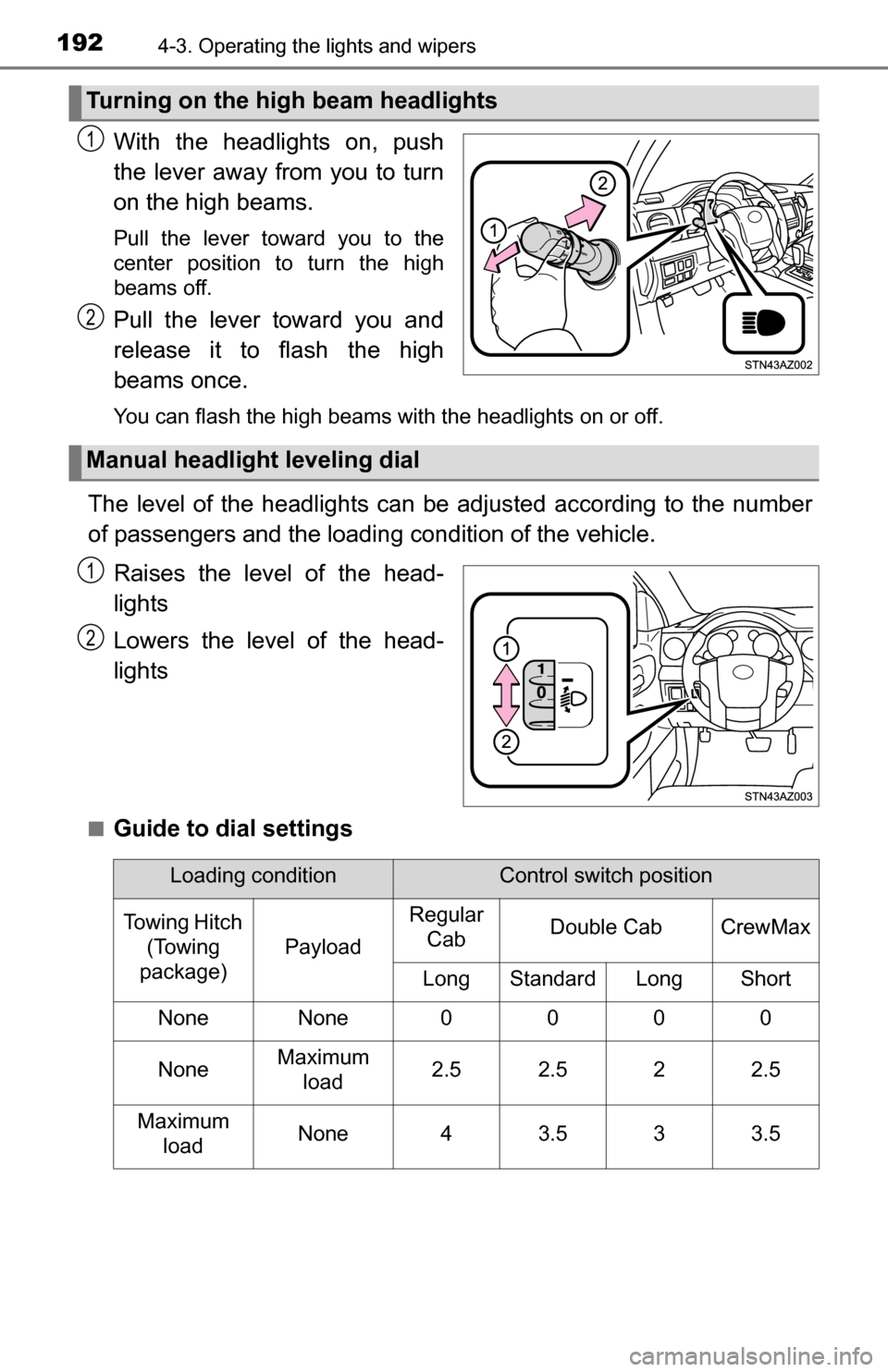 TOYOTA TUNDRA 2016 2.G Owners Manual 1924-3. Operating the lights and wipers
With the headlights on, push
the lever away from you to turn
on the high beams.
Pull the lever toward you to the
center position to turn the high
beams off.
Pu TOYOTA TUNDRA 2016 2.G Owners Manual 1924-3. Operating the lights and wipers
With the headlights on, push
the lever away from you to turn
on the high beams.
Pull the lever toward you to the
center position to turn the high
beams off.
Pu