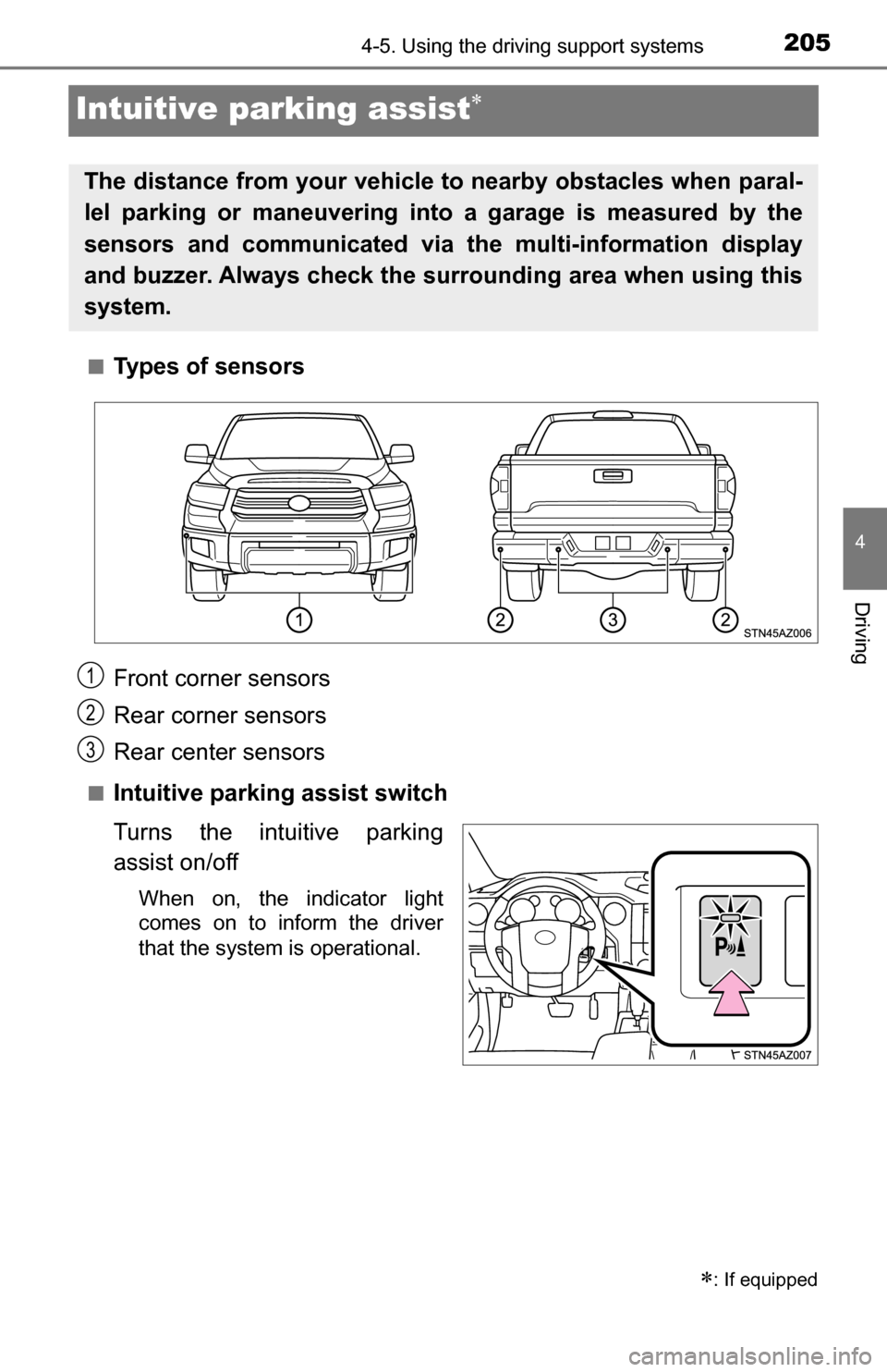 TOYOTA TUNDRA 2016 2.G Owners Manual 2054-5. Using the driving support systems
4
Driving
Intuitive parking assist
■Types of sensors
■Intuitive parking assist switch
Turns the intuitive parking
assist on/off
When on, the indicator TOYOTA TUNDRA 2016 2.G Owners Manual 2054-5. Using the driving support systems
4
Driving
Intuitive parking assist
■Types of sensors
■Intuitive parking assist switch
Turns the intuitive parking
assist on/off
When on, the indicator
