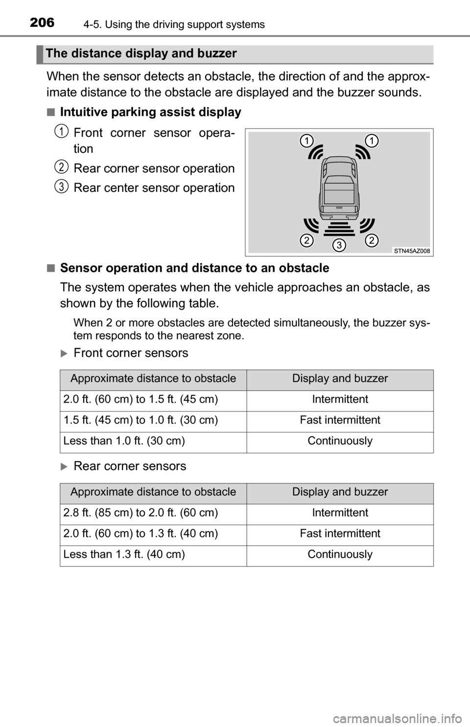 TOYOTA TUNDRA 2016 2.G Owners Manual 2064-5. Using the driving support systems
When the sensor detects an obstacle, the direction of and the approx-
imate distance to the obstacle ar e displayed and the buzzer sounds.
■Intuitive parkin TOYOTA TUNDRA 2016 2.G Owners Manual 2064-5. Using the driving support systems
When the sensor detects an obstacle, the direction of and the approx-
imate distance to the obstacle ar e displayed and the buzzer sounds.
■Intuitive parkin