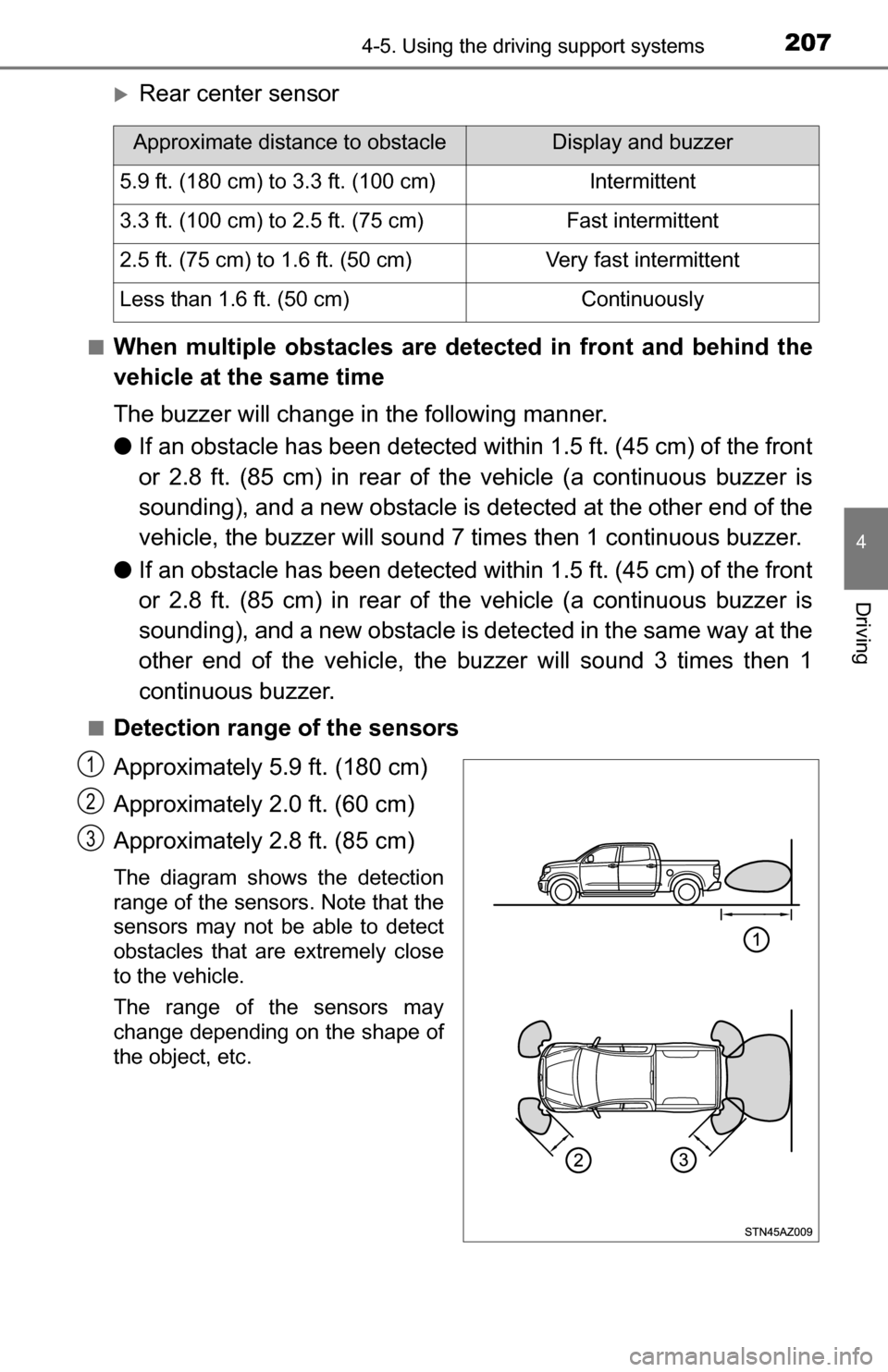 TOYOTA TUNDRA 2016 2.G Owners Manual 2074-5. Using the driving support systems
4
Driving
Rear center sensor
■When multiple obstacles are detected in front and behind the
vehicle at the same time
The buzzer will change in the followi TOYOTA TUNDRA 2016 2.G Owners Manual 2074-5. Using the driving support systems
4
Driving
Rear center sensor
■When multiple obstacles are detected in front and behind the
vehicle at the same time
The buzzer will change in the followi