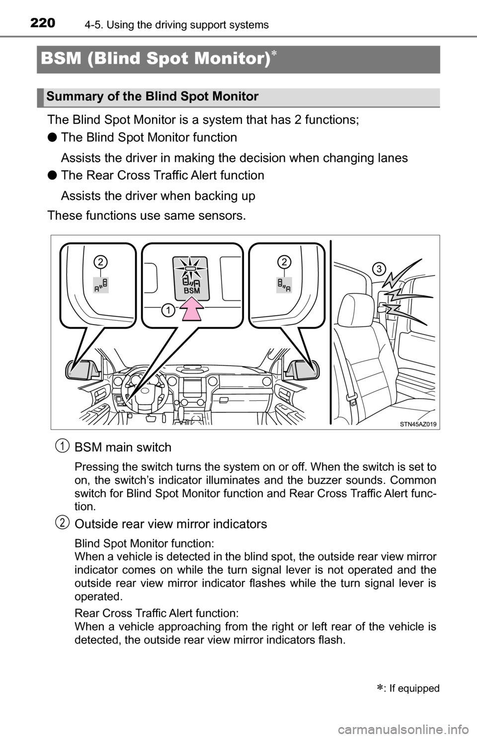 TOYOTA TUNDRA 2016 2.G Owners Manual 2204-5. Using the driving support systems
BSM (Blind Spot Monitor)
The Blind Spot Monitor is a system that has 2 functions;
● The Blind Spot Monitor function
Assists the driver in making t he de TOYOTA TUNDRA 2016 2.G Owners Manual 2204-5. Using the driving support systems
BSM (Blind Spot Monitor)
The Blind Spot Monitor is a system that has 2 functions;
● The Blind Spot Monitor function
Assists the driver in making t he de