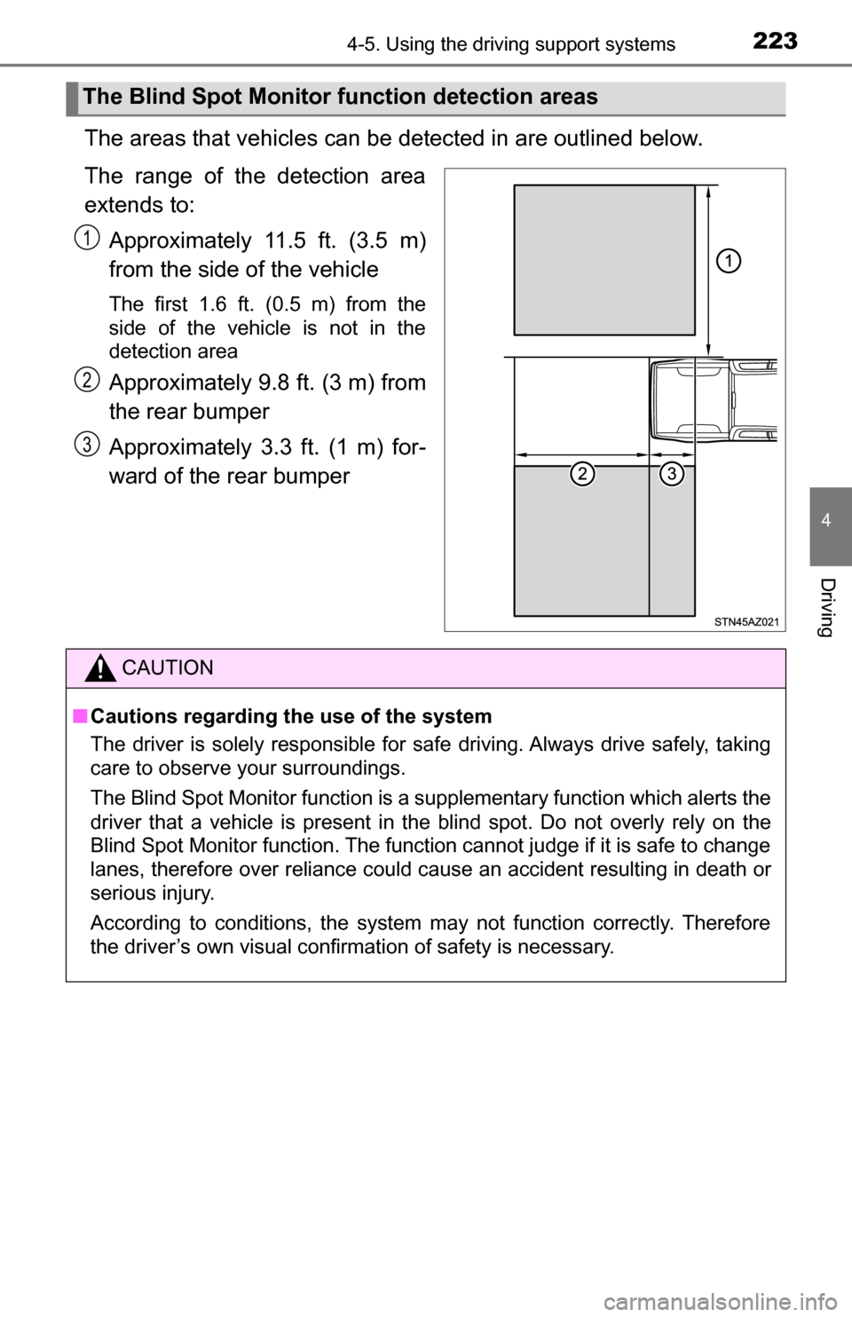 TOYOTA TUNDRA 2016 2.G Owners Manual 2234-5. Using the driving support systems
4
Driving
The areas that vehicles can be detected in are outlined below.
The range of the detection area
extends to: Approximately 11.5 ft. (3.5 m)
from the s TOYOTA TUNDRA 2016 2.G Owners Manual 2234-5. Using the driving support systems
4
Driving
The areas that vehicles can be detected in are outlined below.
The range of the detection area
extends to: Approximately 11.5 ft. (3.5 m)
from the s