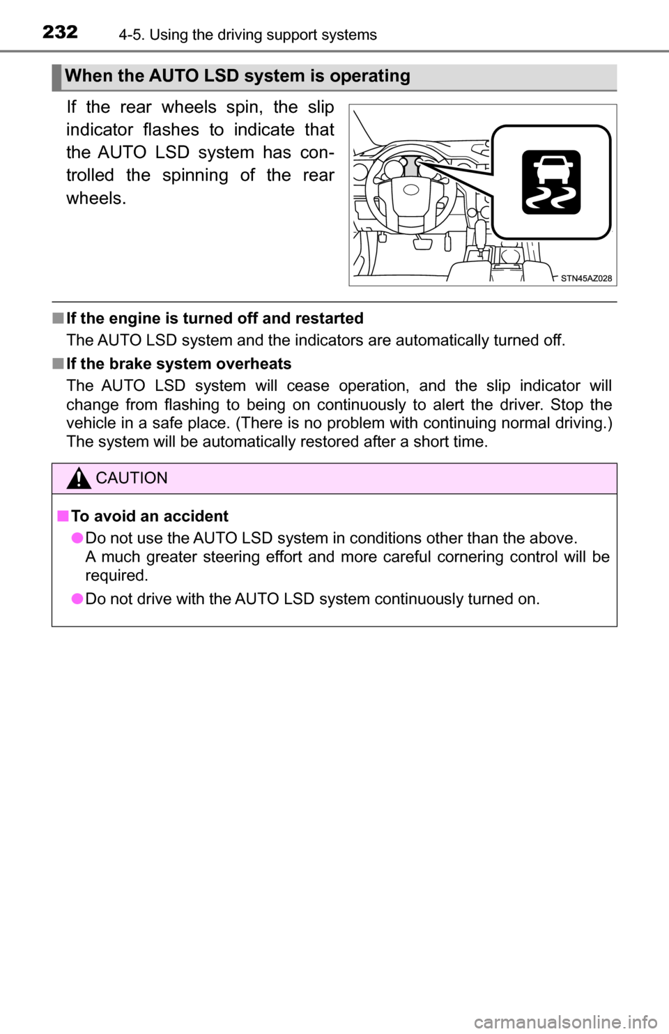 TOYOTA TUNDRA 2016 2.G Owners Manual 2324-5. Using the driving support systems
If the rear wheels spin, the slip
indicator flashes to indicate that
the AUTO LSD system has con-
trolled the spinning of the rear
wheels.
■If the engine is TOYOTA TUNDRA 2016 2.G Owners Manual 2324-5. Using the driving support systems
If the rear wheels spin, the slip
indicator flashes to indicate that
the AUTO LSD system has con-
trolled the spinning of the rear
wheels.
■If the engine is
