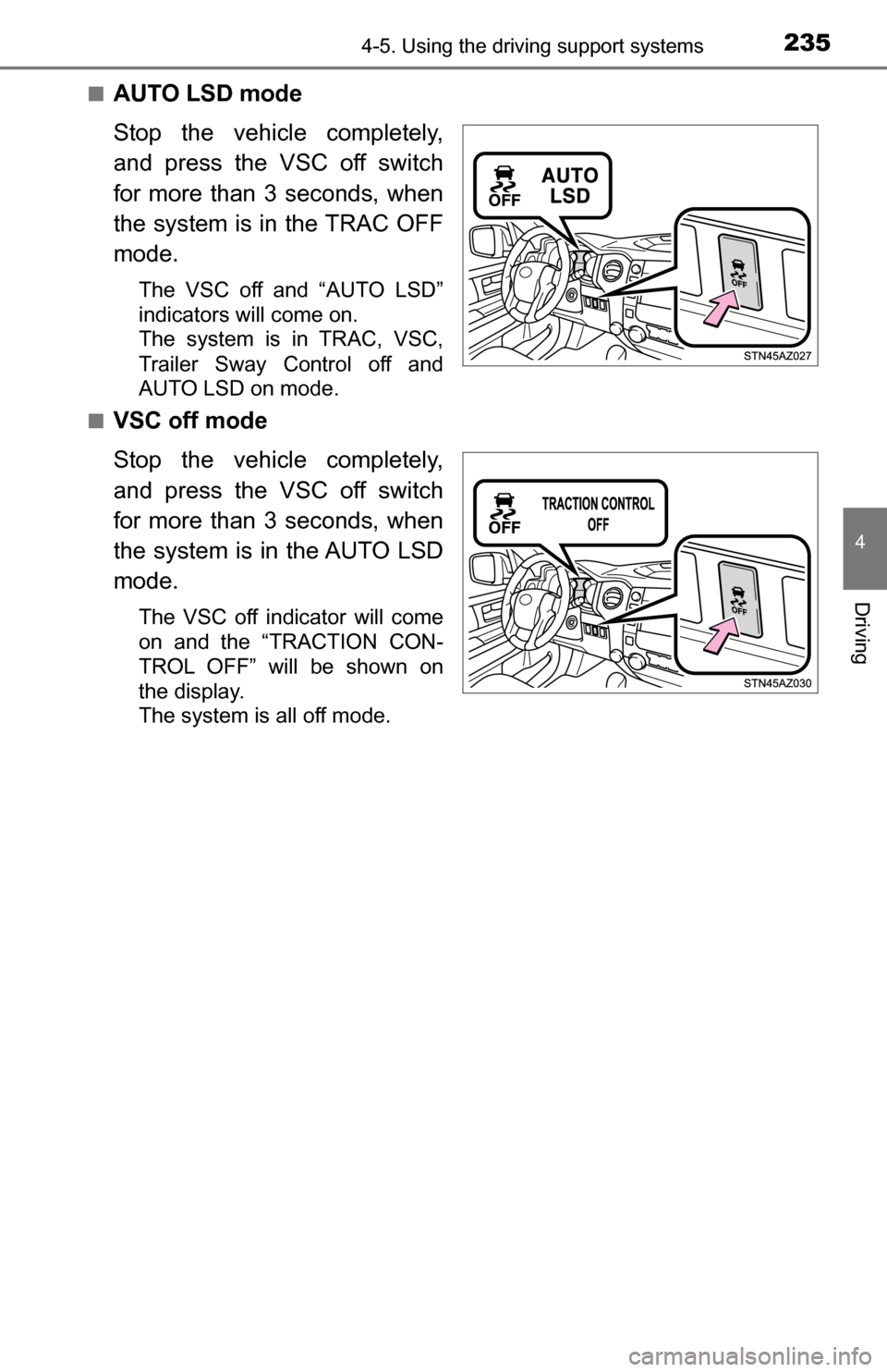 TOYOTA TUNDRA 2016 2.G Owners Manual 2354-5. Using the driving support systems
4
Driving
■AUTO LSD mode
Stop the vehicle completely,
and press the VSC off switch
for more than 3 seconds, when
the system is in the TRAC OFF
mode.
The VSC TOYOTA TUNDRA 2016 2.G Owners Manual 2354-5. Using the driving support systems
4
Driving
■AUTO LSD mode
Stop the vehicle completely,
and press the VSC off switch
for more than 3 seconds, when
the system is in the TRAC OFF
mode.
The VSC