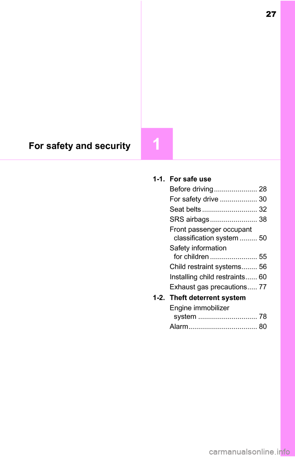 TOYOTA TUNDRA 2016 2.G Owners Manual 27
For safety and security1
1-1. For safe useBefore driving ...................... 28
For safety drive ................... 30
Seat belts ............................ 32
SRS airbags ...................