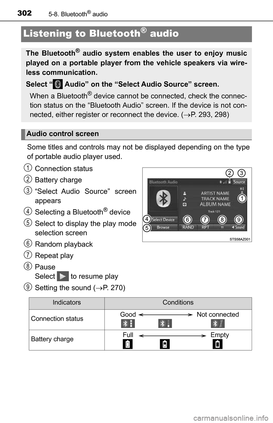 TOYOTA TUNDRA 2016 2.G Owners Manual 3025-8. Bluetooth® audio
Listening to Bluetooth® audio
Some titles and controls may not be displayed depending on the type
of portable audio player used.Connection status
Battery charge
“Select Au TOYOTA TUNDRA 2016 2.G Owners Manual 3025-8. Bluetooth® audio
Listening to Bluetooth® audio
Some titles and controls may not be displayed depending on the type
of portable audio player used.Connection status
Battery charge
“Select Au