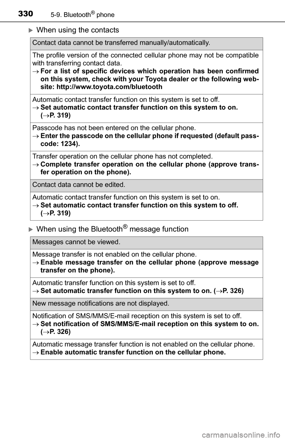 TOYOTA TUNDRA 2016 2.G Owners Manual 3305-9. Bluetooth® phone
When using the contacts
When using the Bluetooth® message function
Contact data cannot be transferred manually/automatically.
The profile version of the connected cell TOYOTA TUNDRA 2016 2.G Owners Manual 3305-9. Bluetooth® phone
When using the contacts
When using the Bluetooth® message function
Contact data cannot be transferred manually/automatically.
The profile version of the connected cell