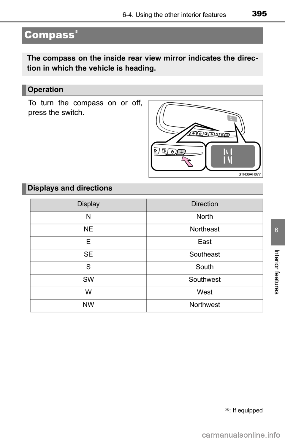 TOYOTA TUNDRA 2016 2.G Owners Manual 3956-4. Using the other interior features
6
Interior features
Compass
To turn the compass on or off,
press the switch.
: If equipped
The compass on the inside rear view mirror indicates the dire TOYOTA TUNDRA 2016 2.G Owners Manual 3956-4. Using the other interior features
6
Interior features
Compass
To turn the compass on or off,
press the switch.
: If equipped
The compass on the inside rear view mirror indicates the dire