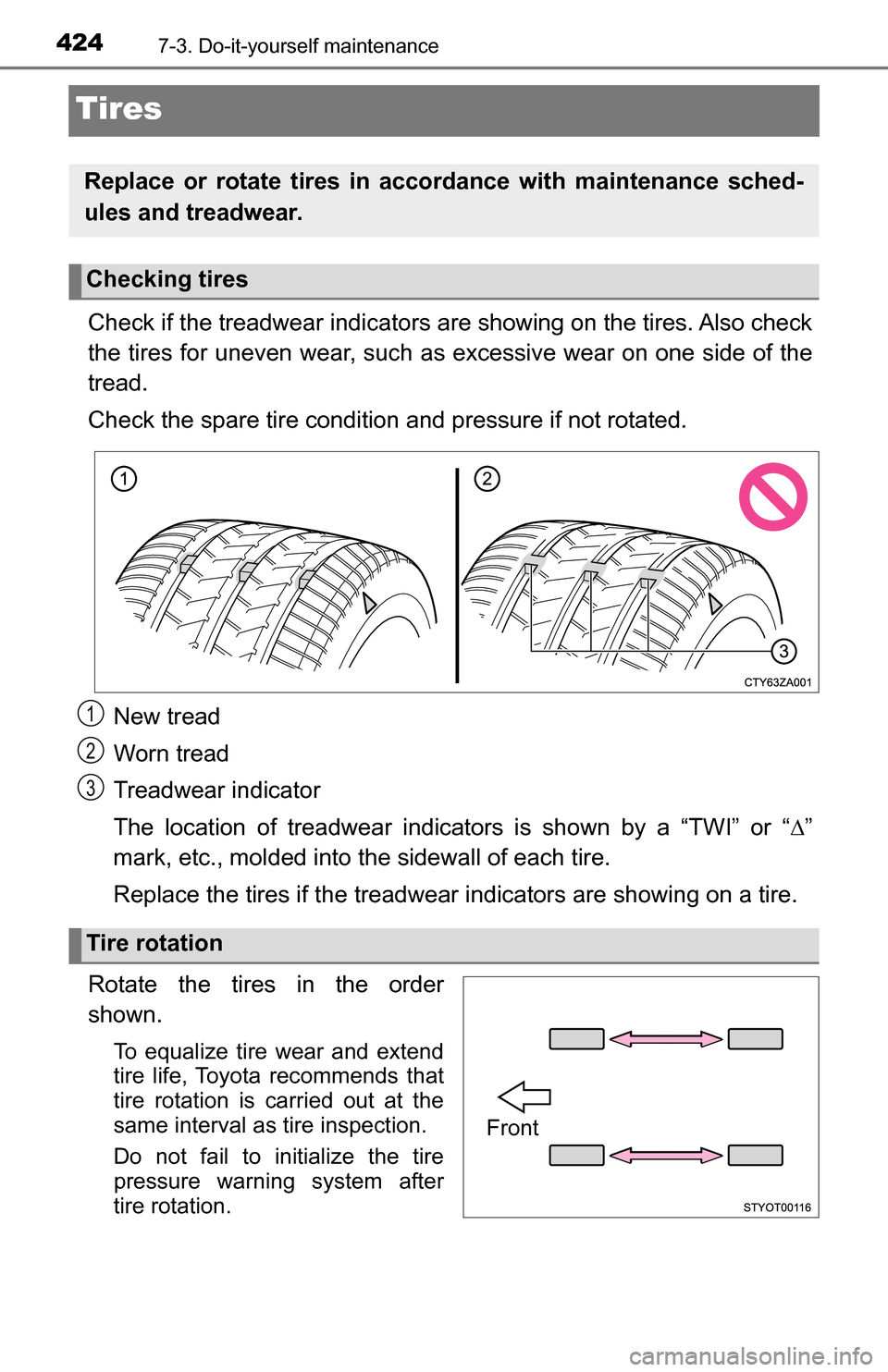 TOYOTA TUNDRA 2016 2.G Owners Manual 4247-3. Do-it-yourself maintenance
Tires
Check if the treadwear indicators are showing on the tires. Also check
the tires for uneven wear, such as excessive wear on one side of the
tread.
Check the sp TOYOTA TUNDRA 2016 2.G Owners Manual 4247-3. Do-it-yourself maintenance
Tires
Check if the treadwear indicators are showing on the tires. Also check
the tires for uneven wear, such as excessive wear on one side of the
tread.
Check the sp