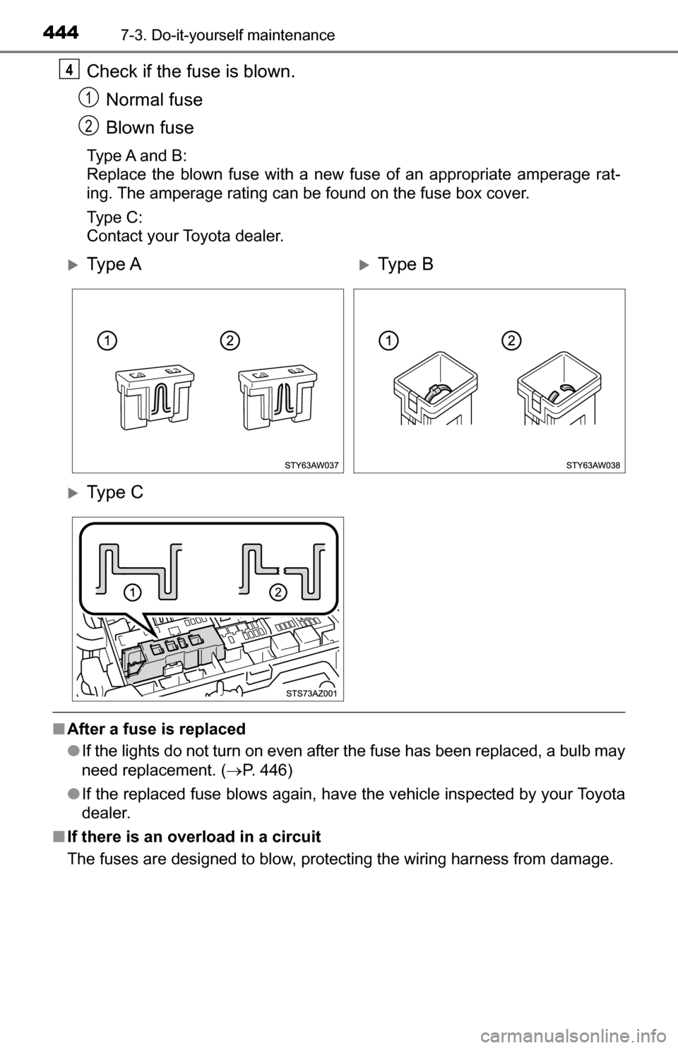 TOYOTA TUNDRA 2016 2.G Owners Manual 4447-3. Do-it-yourself maintenance
Check if the fuse is blown.Normal fuse
Blown fuse
Type A and B:
Replace the blown fuse with a new fuse of an appropriate amperage rat-
ing. The amperage rating can b