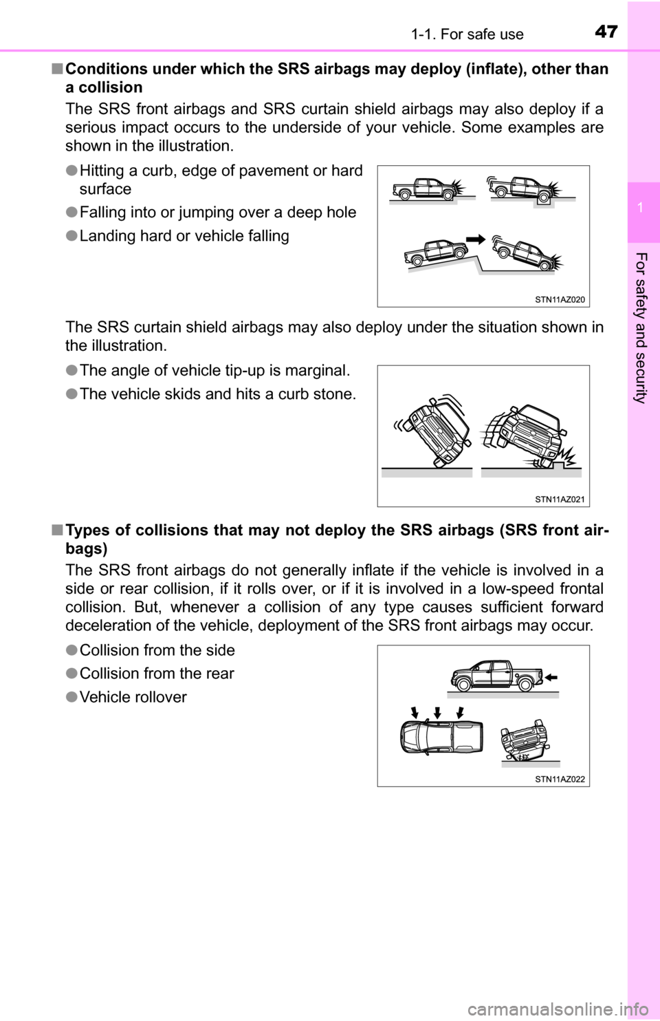 TOYOTA TUNDRA 2016 2.G Service Manual 471-1. For safe use
1
For safety and security
■Conditions under which the SRS airbags may deploy (inflate), other than
a collision
The SRS front airbags and SRS curtain shield airbags may also deplo TOYOTA TUNDRA 2016 2.G Service Manual 471-1. For safe use
1
For safety and security
■Conditions under which the SRS airbags may deploy (inflate), other than
a collision
The SRS front airbags and SRS curtain shield airbags may also deplo