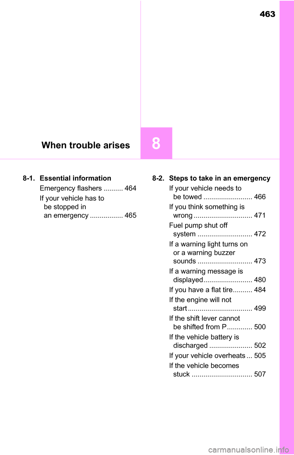 TOYOTA TUNDRA 2016 2.G Owners Manual 463
8When trouble arises
8-1. Essential informationEmergency flashers .......... 464
If your vehicle has to be stopped in
an emergency ................. 465 8-2. Steps to take in an emergency
If your TOYOTA TUNDRA 2016 2.G Owners Manual 463
8When trouble arises
8-1. Essential informationEmergency flashers .......... 464
If your vehicle has to be stopped in
an emergency ................. 465 8-2. Steps to take in an emergency
If your