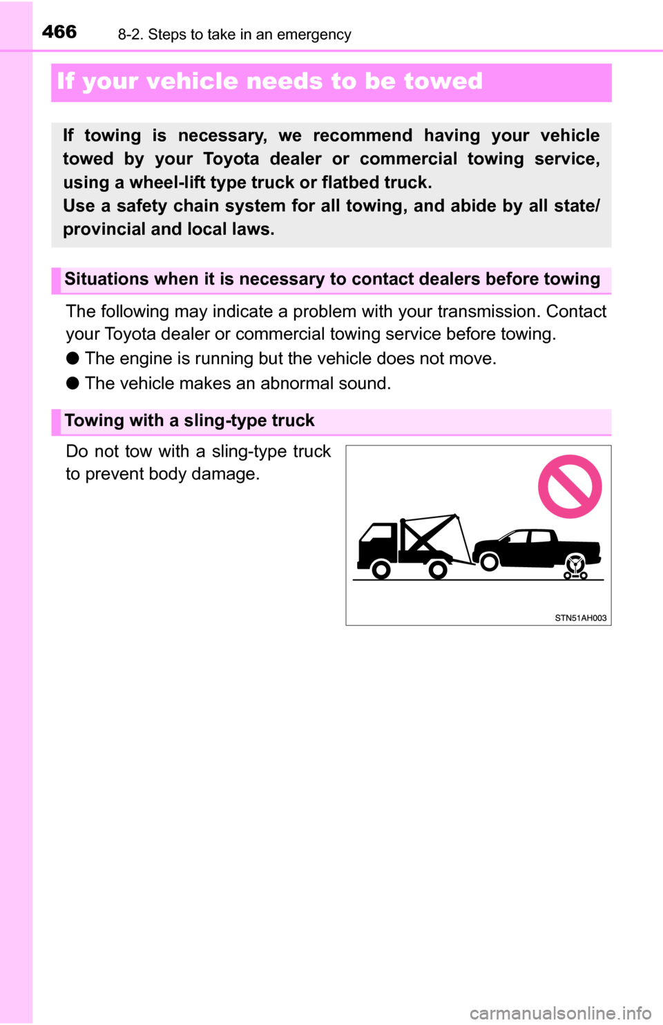 TOYOTA TUNDRA 2016 2.G Owners Manual 4668-2. Steps to take in an emergency
If your vehicle needs to be towed
The following may indicate a problem with your transmission. Contact
your Toyota dealer or commercial towing service before towi TOYOTA TUNDRA 2016 2.G Owners Manual 4668-2. Steps to take in an emergency
If your vehicle needs to be towed
The following may indicate a problem with your transmission. Contact
your Toyota dealer or commercial towing service before towi