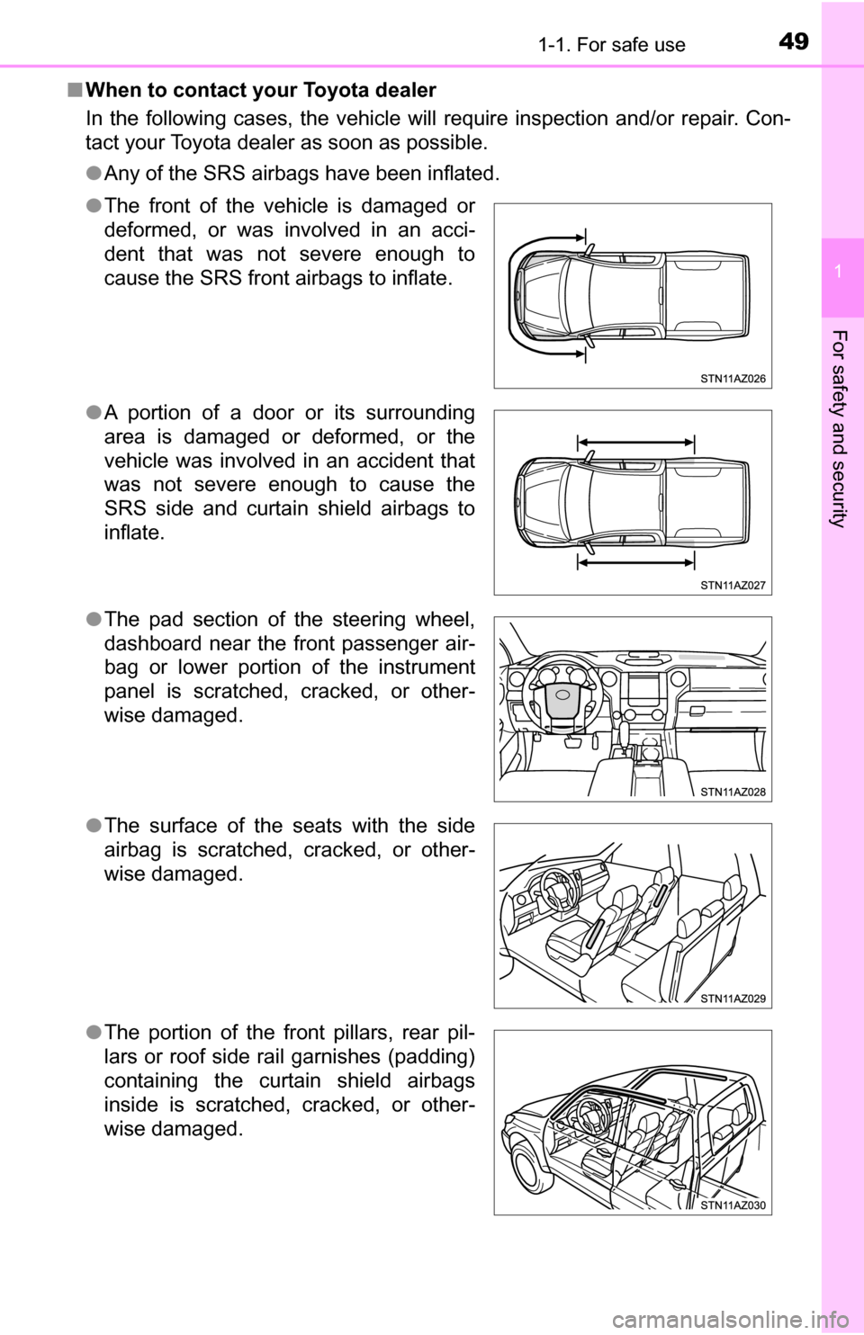 TOYOTA TUNDRA 2016 2.G Service Manual 491-1. For safe use
1
For safety and security
■When to contact your Toyota dealer
In the following cases, the vehicle will require inspection and/or repair. Con-
tact your Toyota dealer as soon as p TOYOTA TUNDRA 2016 2.G Service Manual 491-1. For safe use
1
For safety and security
■When to contact your Toyota dealer
In the following cases, the vehicle will require inspection and/or repair. Con-
tact your Toyota dealer as soon as p