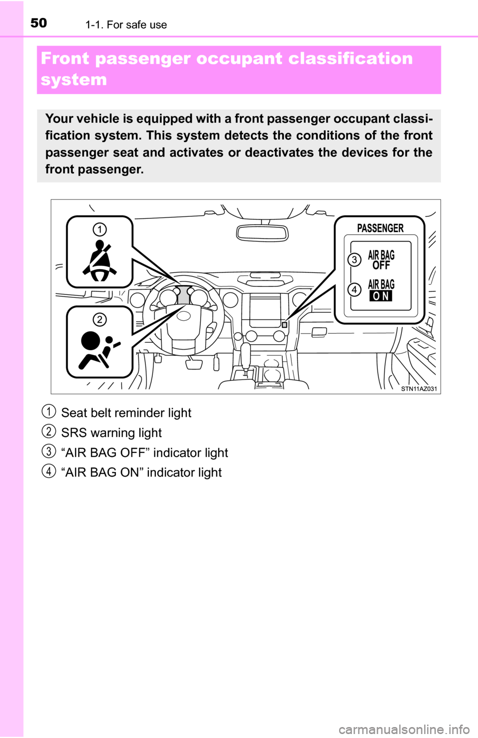 TOYOTA TUNDRA 2016 2.G Service Manual 501-1. For safe use
Front passenger occupant classification
system
Your vehicle is equipped with a front passenger occupant classi-
fication system. This system detects the conditions of the front
pa TOYOTA TUNDRA 2016 2.G Service Manual 501-1. For safe use
Front passenger occupant classification
system
Your vehicle is equipped with a front passenger occupant classi-
fication system. This system detects the conditions of the front
pa