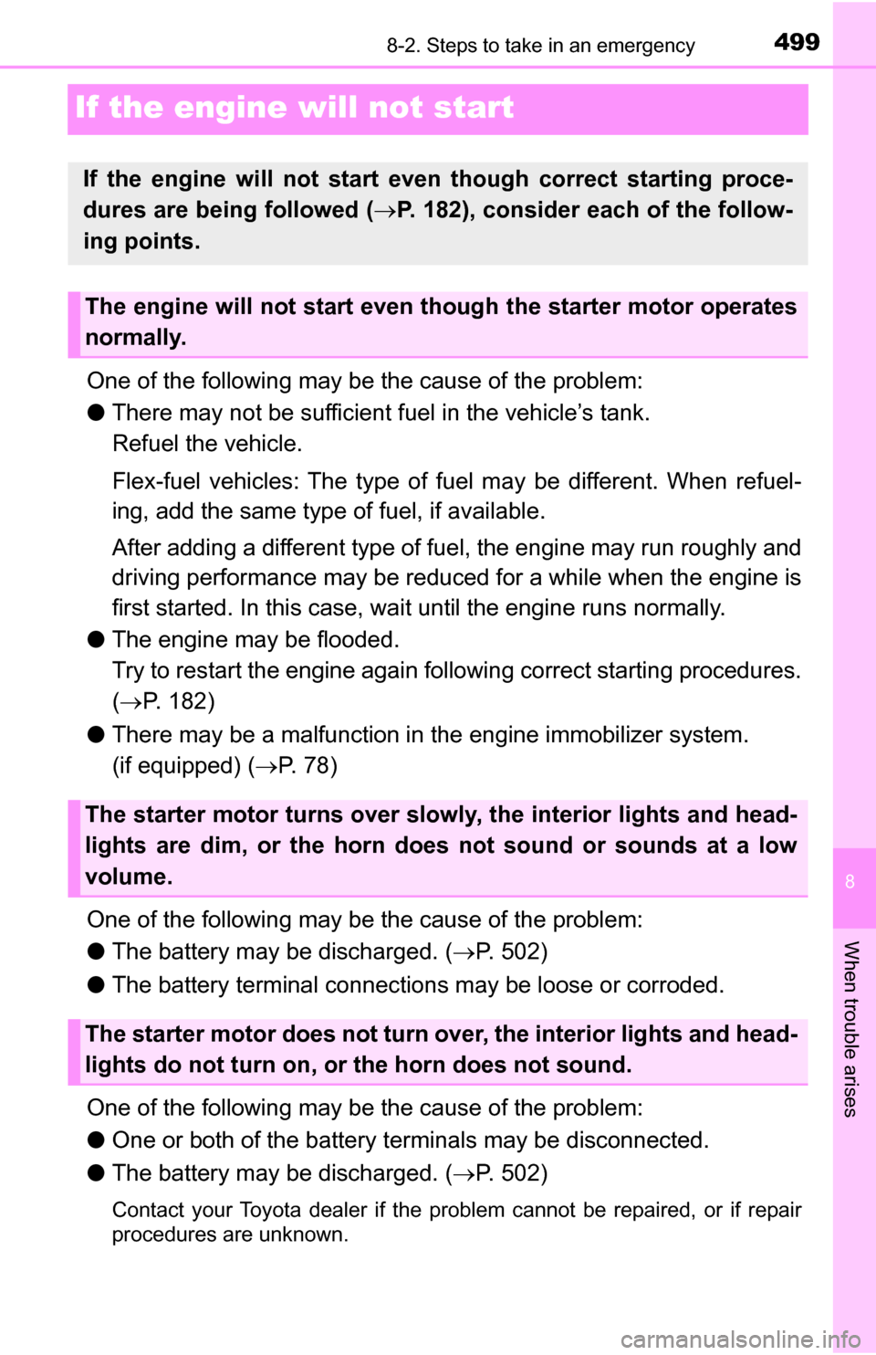 TOYOTA TUNDRA 2016 2.G Owners Manual 499
8
When trouble arises
8-2. Steps to take in an emergency
If the engine will not start
One of the following may be the cause of the problem:
●There may not be sufficient fuel in the vehicle’s t
