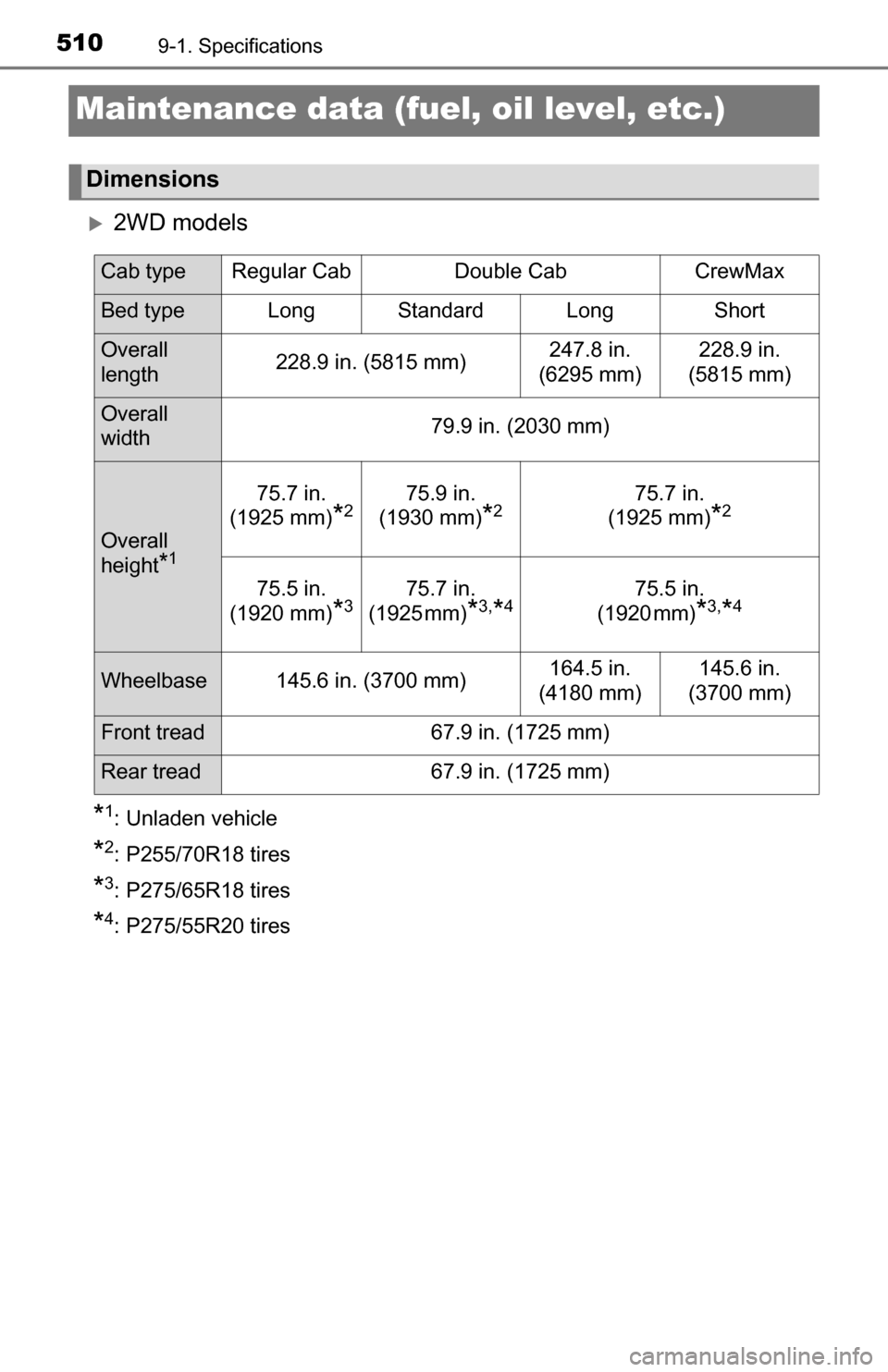 TOYOTA TUNDRA 2016 2.G Owners Manual 5109-1. Specifications
Maintenance data (fuel, oil level, etc.)
2WD models
*1: Unladen vehicle
*2: P255/70R18 tires
*3: P275/65R18 tires
*4: P275/55R20 tires
Dimensions
Cab type Regular Cab Double TOYOTA TUNDRA 2016 2.G Owners Manual 5109-1. Specifications
Maintenance data (fuel, oil level, etc.)
2WD models
*1: Unladen vehicle
*2: P255/70R18 tires
*3: P275/65R18 tires
*4: P275/55R20 tires
Dimensions
Cab type Regular Cab Double