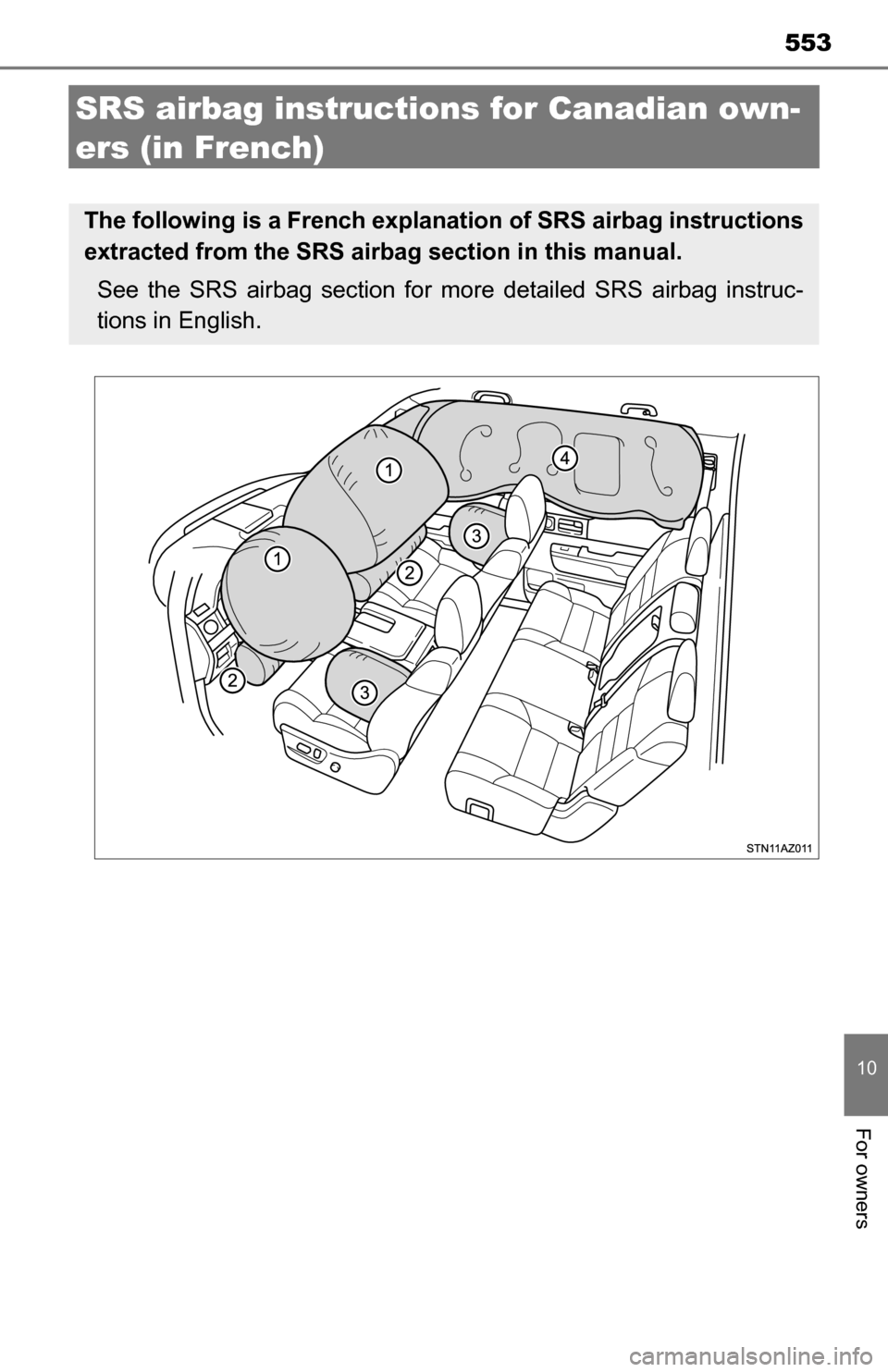 TOYOTA TUNDRA 2016 2.G Owners Manual 553
10
For owners
SRS airbag instructions for Canadian own-
ers (in French)
The following is a French explanation of SRS airbag instructions
extracted from the SRS airbag section in this manual.
See t TOYOTA TUNDRA 2016 2.G Owners Manual 553
10
For owners
SRS airbag instructions for Canadian own-
ers (in French)
The following is a French explanation of SRS airbag instructions
extracted from the SRS airbag section in this manual.
See t