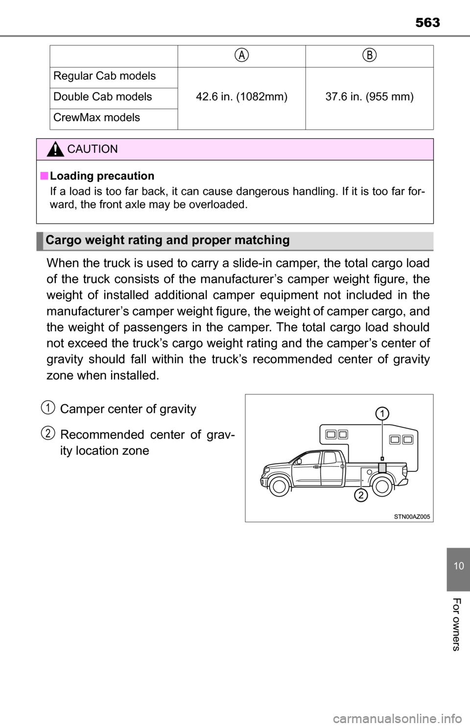 TOYOTA TUNDRA 2016 2.G Owners Manual 563
10
For owners
When the truck is used to carry a slide-in camper, the total cargo load
of the truck consists of the manufacturer’s camper weight figure, the
weight of installed additional camp er TOYOTA TUNDRA 2016 2.G Owners Manual 563
10
For owners
When the truck is used to carry a slide-in camper, the total cargo load
of the truck consists of the manufacturer’s camper weight figure, the
weight of installed additional camp er