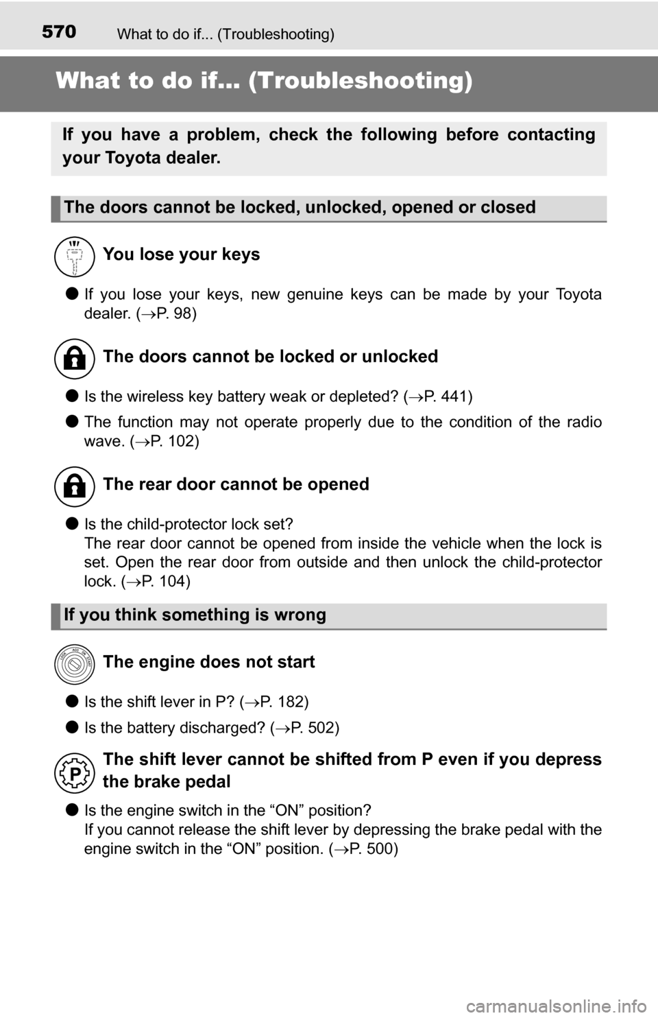TOYOTA TUNDRA 2016 2.G Owners Manual 570What to do if... (Troubleshooting)
What to do if... (Troubleshooting)
●If you lose your keys, new genuine keys can be made by your Toyota
dealer. (P. 98)
●Is the wireless key battery weak or TOYOTA TUNDRA 2016 2.G Owners Manual 570What to do if... (Troubleshooting)
What to do if... (Troubleshooting)
●If you lose your keys, new genuine keys can be made by your Toyota
dealer. (P. 98)
●Is the wireless key battery weak or