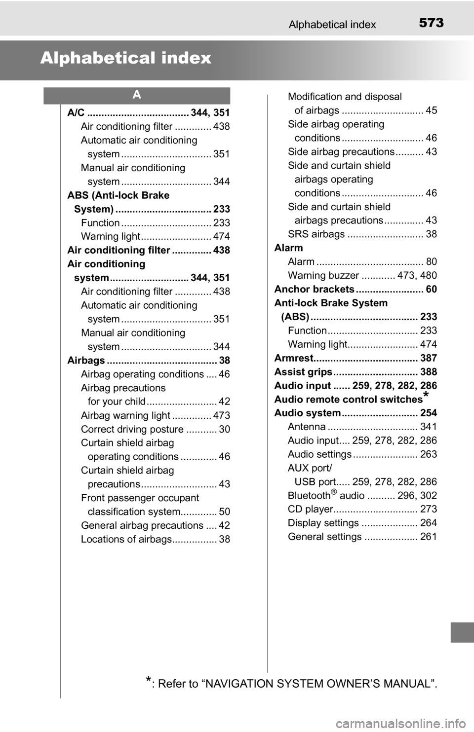 TOYOTA TUNDRA 2016 2.G Owners Manual 573Alphabetical index
Alphabetical index
A/C .................................... 344, 351Air conditioning filter ............. 438
Automatic air conditioning system ......... ....................... TOYOTA TUNDRA 2016 2.G Owners Manual 573Alphabetical index
Alphabetical index
A/C .................................... 344, 351Air conditioning filter ............. 438
Automatic air conditioning system ......... .......................