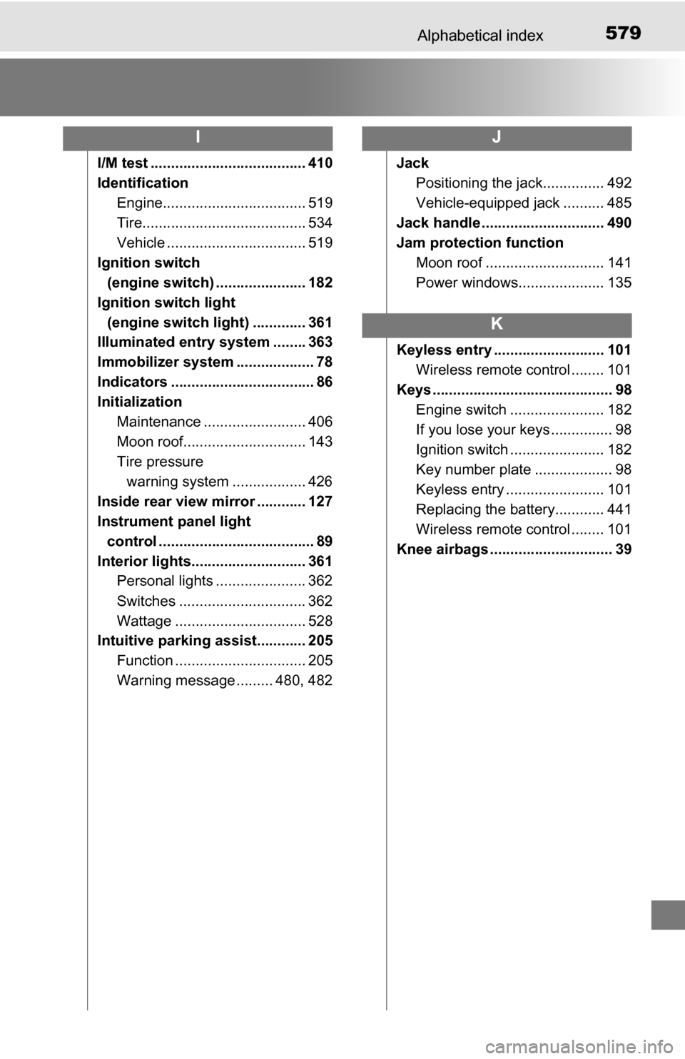 TOYOTA TUNDRA 2016 2.G Owners Manual 579Alphabetical index
I/M test ...................................... 410
IdentificationEngine................................... 519
Tire........................................ 534
Vehicle ......... TOYOTA TUNDRA 2016 2.G Owners Manual 579Alphabetical index
I/M test ...................................... 410
IdentificationEngine................................... 519
Tire........................................ 534
Vehicle .........