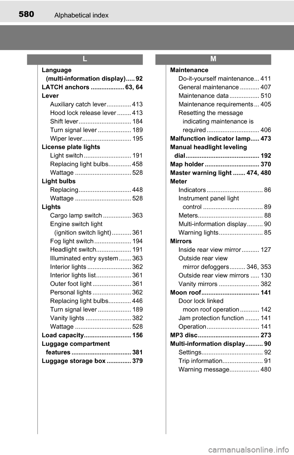 TOYOTA TUNDRA 2016 2.G Owners Manual 580Alphabetical index
Language (multi-information display) ..... 92
LATCH anchors ................... 63, 64
Lever Auxiliary catch lever .............. 413
Hood lock release lever ........ 413
Shift l TOYOTA TUNDRA 2016 2.G Owners Manual 580Alphabetical index
Language (multi-information display) ..... 92
LATCH anchors ................... 63, 64
Lever Auxiliary catch lever .............. 413
Hood lock release lever ........ 413
Shift l