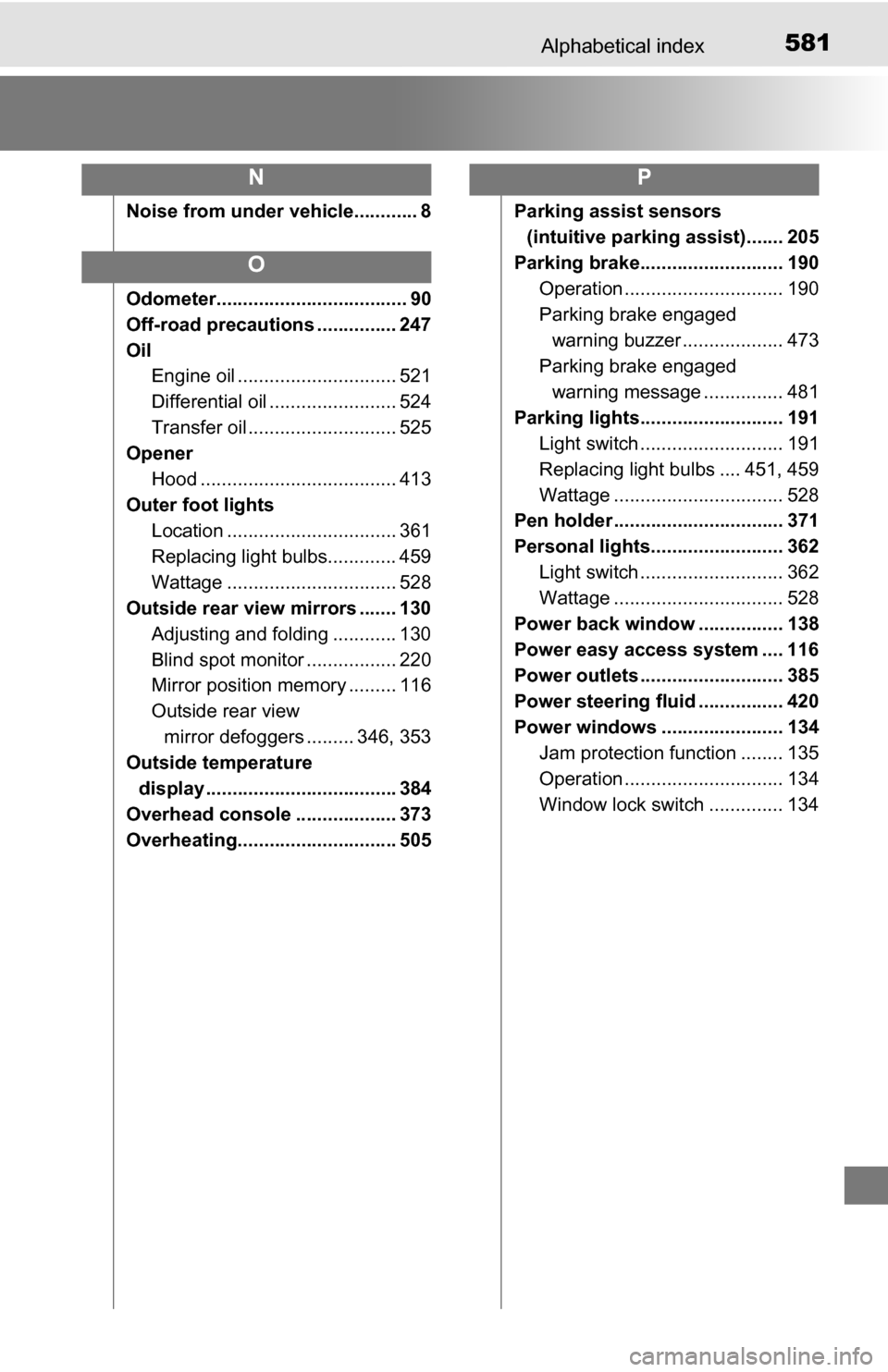 TOYOTA TUNDRA 2016 2.G Owners Manual 581Alphabetical index
Noise from under vehicle............ 8
Odometer.................................... 90
Off-road precautions ............... 247
Oil Engine oil .............................. 521
TOYOTA TUNDRA 2016 2.G Owners Manual 581Alphabetical index
Noise from under vehicle............ 8
Odometer.................................... 90
Off-road precautions ............... 247
Oil Engine oil .............................. 521