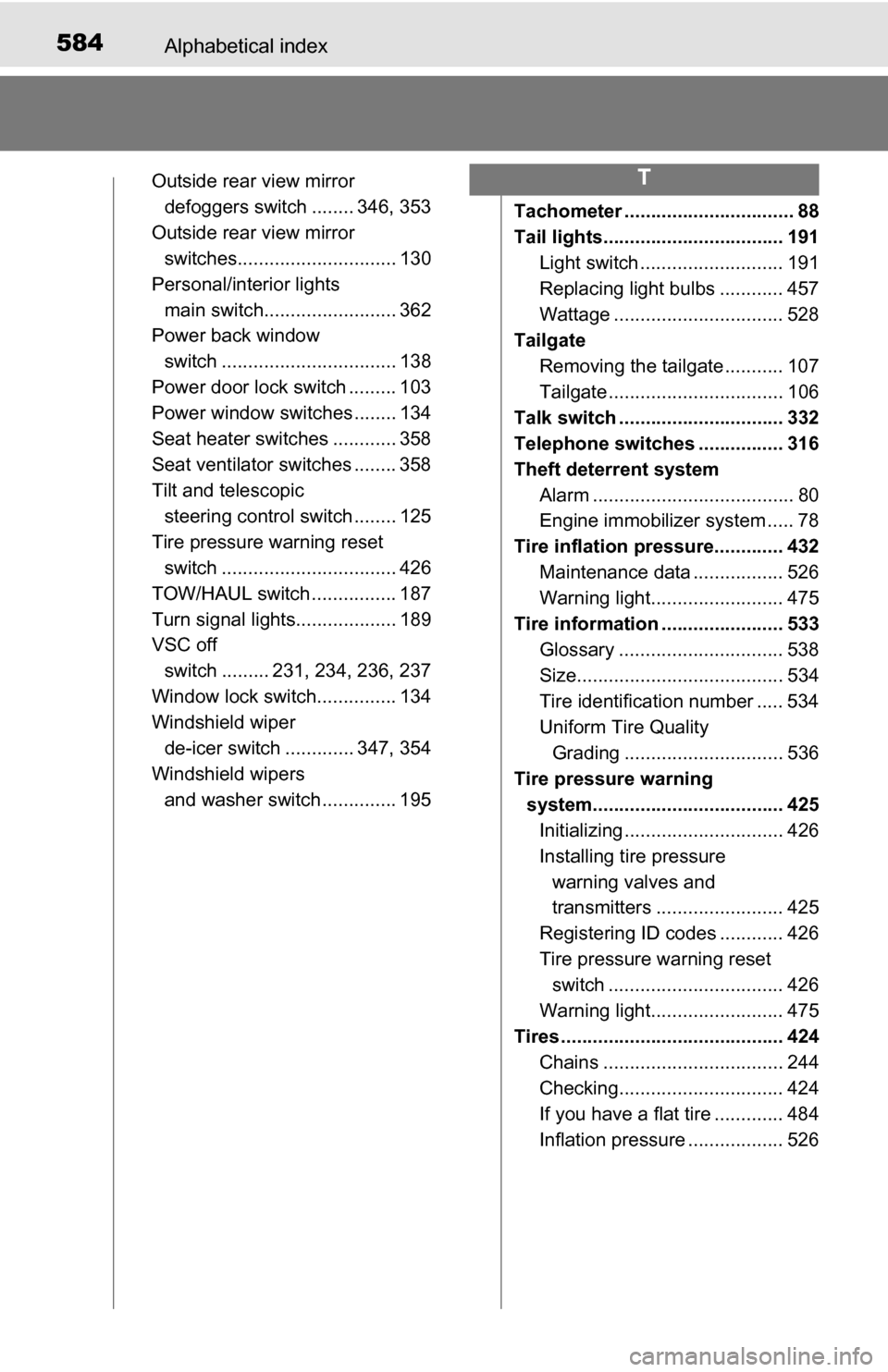 TOYOTA TUNDRA 2016 2.G User Guide 584Alphabetical index
Outside rear view mirror defoggers switch ........ 346, 353
Outside rear view mirror 
switches.............................. 130
Personal/interior lights  main switch............