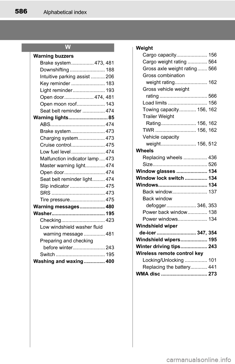 TOYOTA TUNDRA 2016 2.G Owners Manual 586Alphabetical index
Warning buzzersBrake system ....... ......... 473, 481
Downshifting ......................... 188
Intuitive parking assist .......... 206
Key reminder ........................ 18