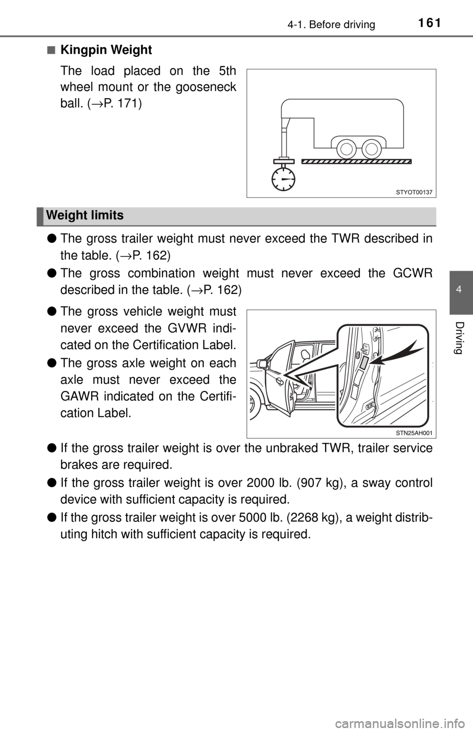 TOYOTA TUNDRA 2017 2.G Owners Manual 1614-1. Before driving
4
Driving
■Kingpin Weight
The load placed on the 5th
wheel mount or the gooseneck
ball. (→P. 171)
● The gross trailer weight must never exceed the TWR described in
the tab TOYOTA TUNDRA 2017 2.G Owners Manual 1614-1. Before driving
4
Driving
■Kingpin Weight
The load placed on the 5th
wheel mount or the gooseneck
ball. (→P. 171)
● The gross trailer weight must never exceed the TWR described in
the tab