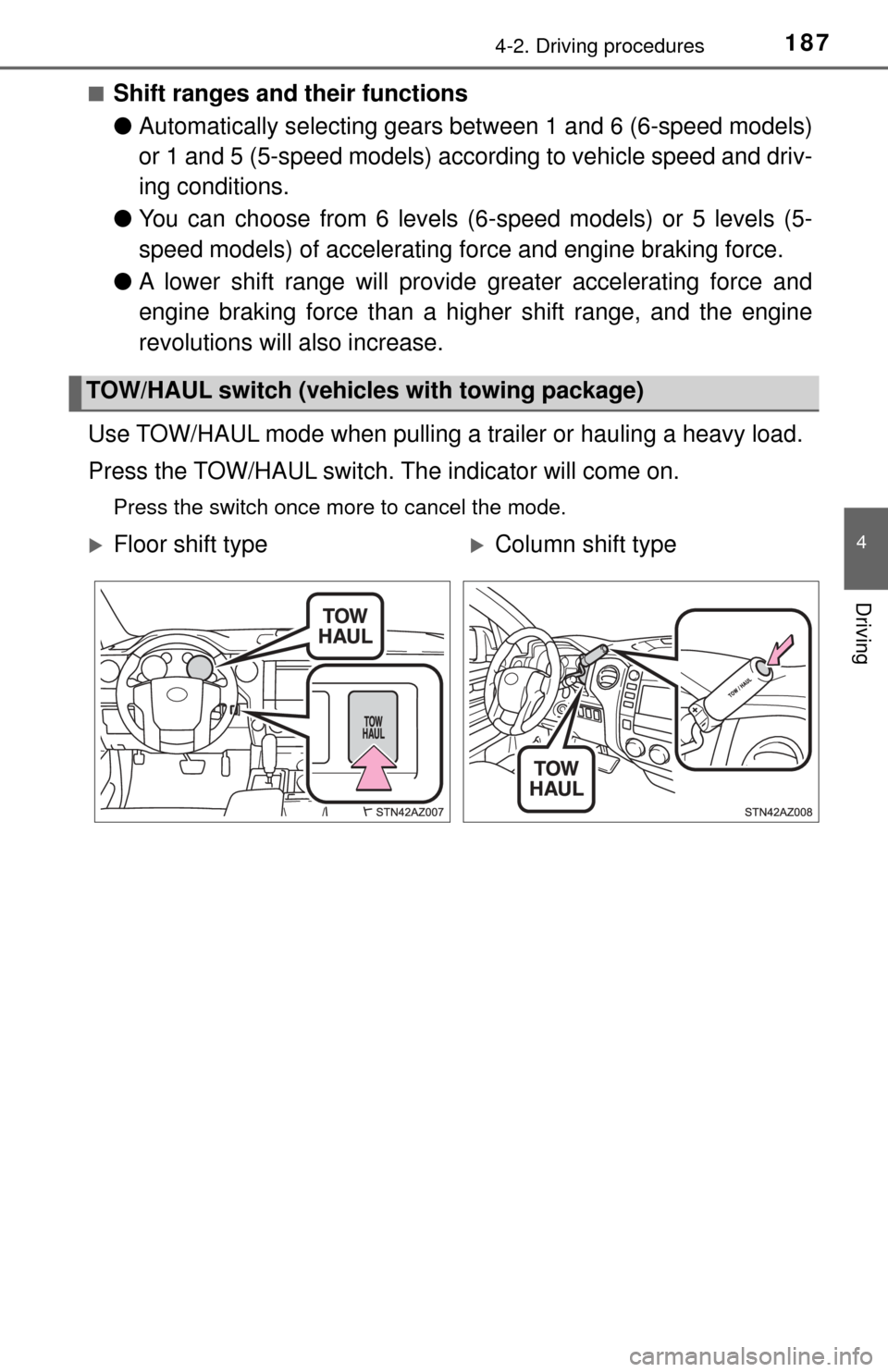 TOYOTA TUNDRA 2017 2.G Owners Manual 1874-2. Driving procedures
4
Driving
■Shift ranges and their functions
●Automatically selecting gears bet ween 1 and 6 (6-speed models)
or 1 and 5 (5-speed models) accord ing to vehicle speed and TOYOTA TUNDRA 2017 2.G Owners Manual 1874-2. Driving procedures
4
Driving
■Shift ranges and their functions
●Automatically selecting gears bet ween 1 and 6 (6-speed models)
or 1 and 5 (5-speed models) accord ing to vehicle speed and