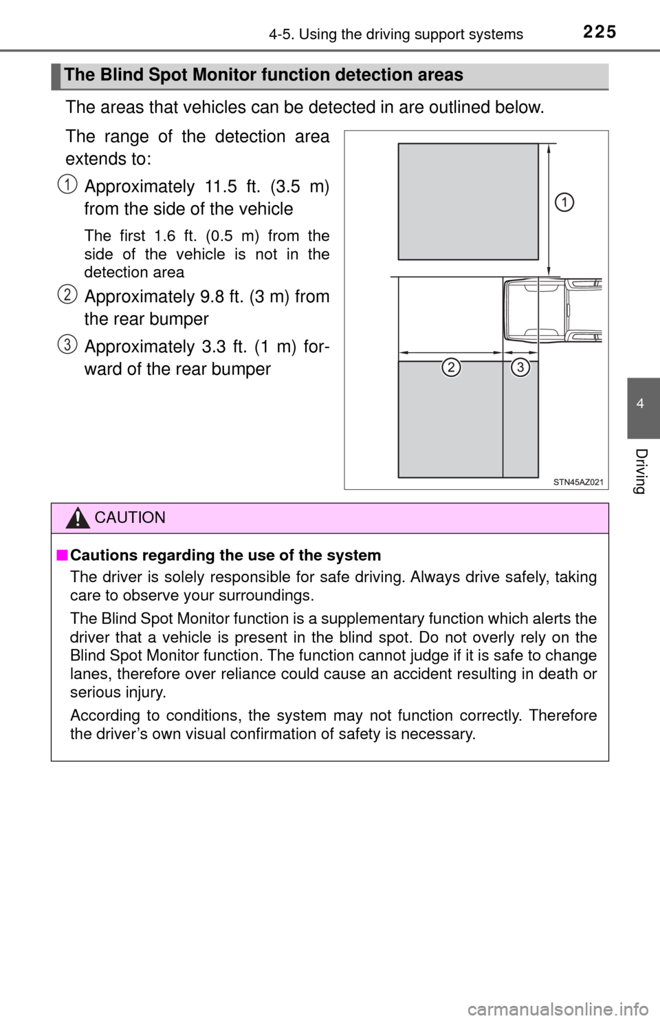 TOYOTA TUNDRA 2017 2.G Owners Manual 2254-5. Using the driving support systems
4
Driving
The areas that vehicles can be detected in are outlined below.
The range of the detection area
extends to: Approximately 11.5 ft. (3.5 m)
from the s TOYOTA TUNDRA 2017 2.G Owners Manual 2254-5. Using the driving support systems
4
Driving
The areas that vehicles can be detected in are outlined below.
The range of the detection area
extends to: Approximately 11.5 ft. (3.5 m)
from the s