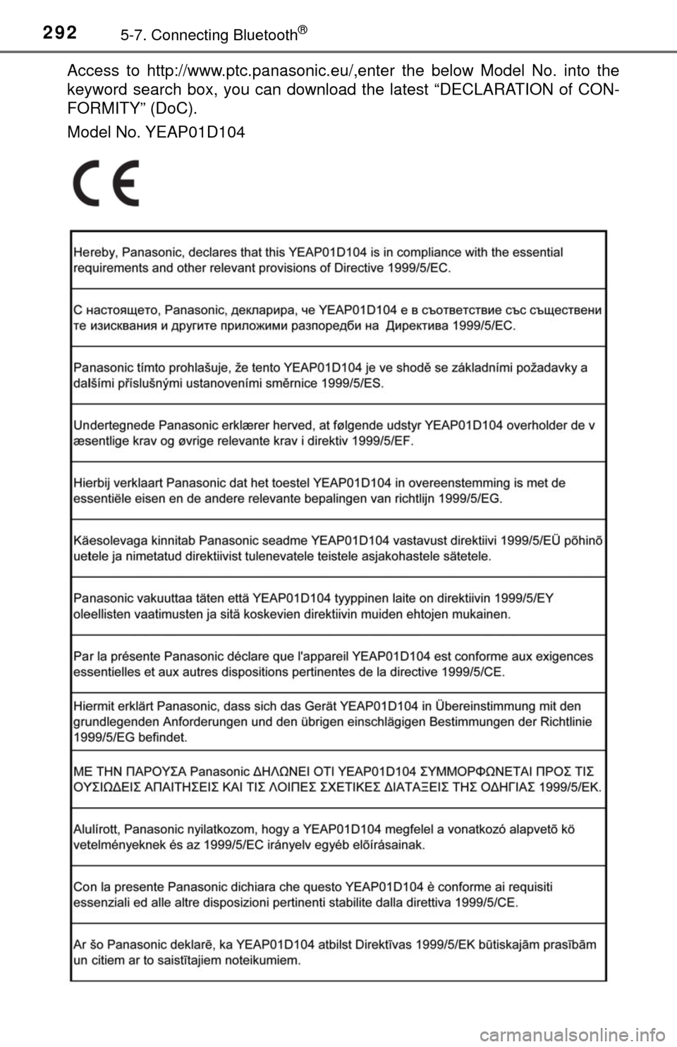 TOYOTA TUNDRA 2017 2.G Owners Manual 2925-7. Connecting Bluetooth®
Access to http://www.ptc.panasonic.eu/,enter the below Model No. into the
keyword search box, you can download the latest “DECLARATION of CON-
FORMITY” (DoC).
Model 
