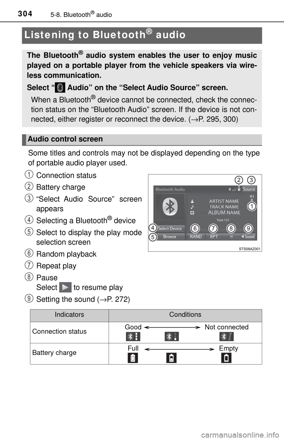 TOYOTA TUNDRA 2017 2.G Owners Manual 3045-8. Bluetooth® audio
Listening to Bluetooth® audio
Some titles and controls may not be displayed depending on the type
of portable audio player used.Connection status
Battery charge
“Select Au TOYOTA TUNDRA 2017 2.G Owners Manual 3045-8. Bluetooth® audio
Listening to Bluetooth® audio
Some titles and controls may not be displayed depending on the type
of portable audio player used.Connection status
Battery charge
“Select Au