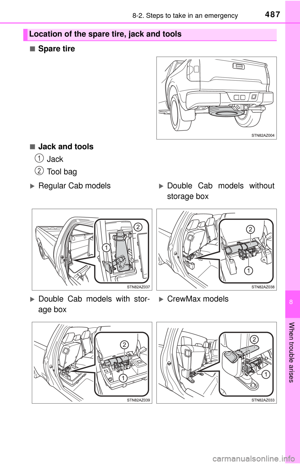 TOYOTA TUNDRA 2017 2.G Owners Manual 4878-2. Steps to take in an emergency
8
When trouble arises
■Spare tire
■Jack and toolsJack
Tool bag
Location of the spare tire, jack and tools
1
2
Regular Cab modelsDouble Cab models withou TOYOTA TUNDRA 2017 2.G Owners Manual 4878-2. Steps to take in an emergency
8
When trouble arises
■Spare tire
■Jack and toolsJack
Tool bag
Location of the spare tire, jack and tools
1
2
Regular Cab modelsDouble Cab models withou