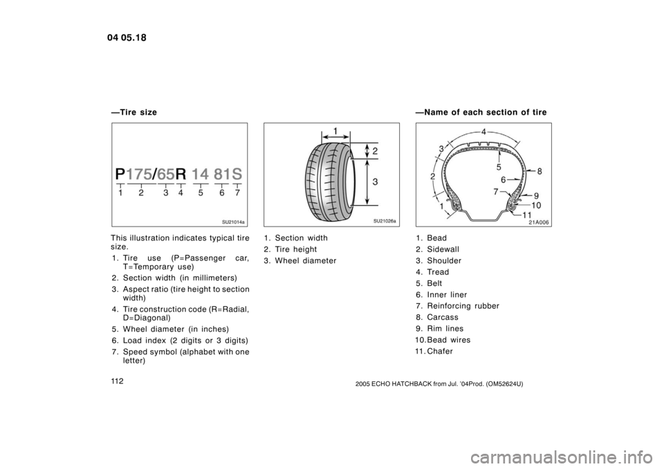 TOYOTA YARIS 2004 1.G Owners Manual 11 22005 ECHO HATCHBACK from Jul. ’04Prod. (OM52624U)
SU21014a
This illustration indicates typical tire
size.1. Tire use (P=Passenger car, T=Temporary use)
2. Section width (in millimeters)
3. Aspec TOYOTA YARIS 2004 1.G Owners Manual 11 22005 ECHO HATCHBACK from Jul. ’04Prod. (OM52624U)
SU21014a
This illustration indicates typical tire
size.1. Tire use (P=Passenger car, T=Temporary use)
2. Section width (in millimeters)
3. Aspec