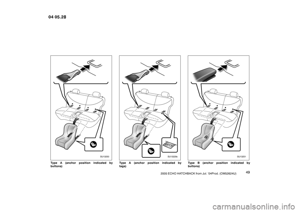 TOYOTA YARIS 2005 1.G Workshop Manual 492005 ECHO HATCHBACK from Jul. ’04Prod. (OM52624U)
SU13250
Type A (anchor position indicated by
buttons)
SU13229c
Type A (anchor position indicated by
tags)
SU13251
Type B (anchor position indicate