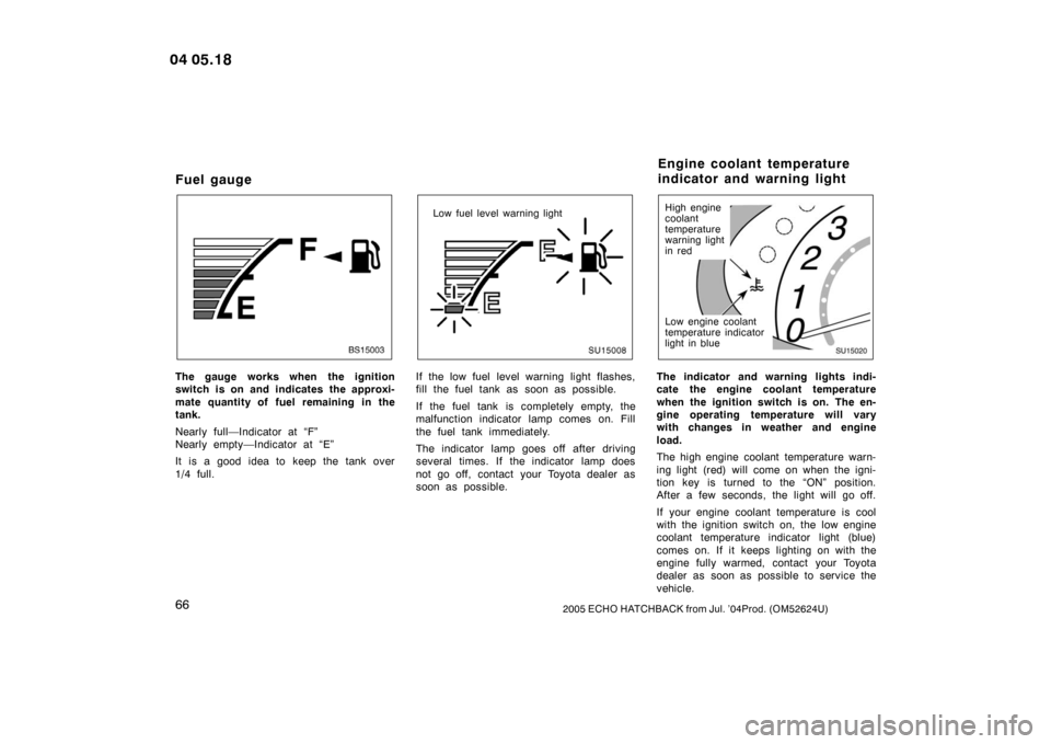 TOYOTA YARIS 2005 1.G Owners Manual 662005 ECHO HATCHBACK from Jul. ’04Prod. (OM52624U)
Fuel gauge
BS15003
The gauge works when the ignition
switch is on and indicates the approxi-
mate quantity of fuel remaining in the
tank.
Nearly f