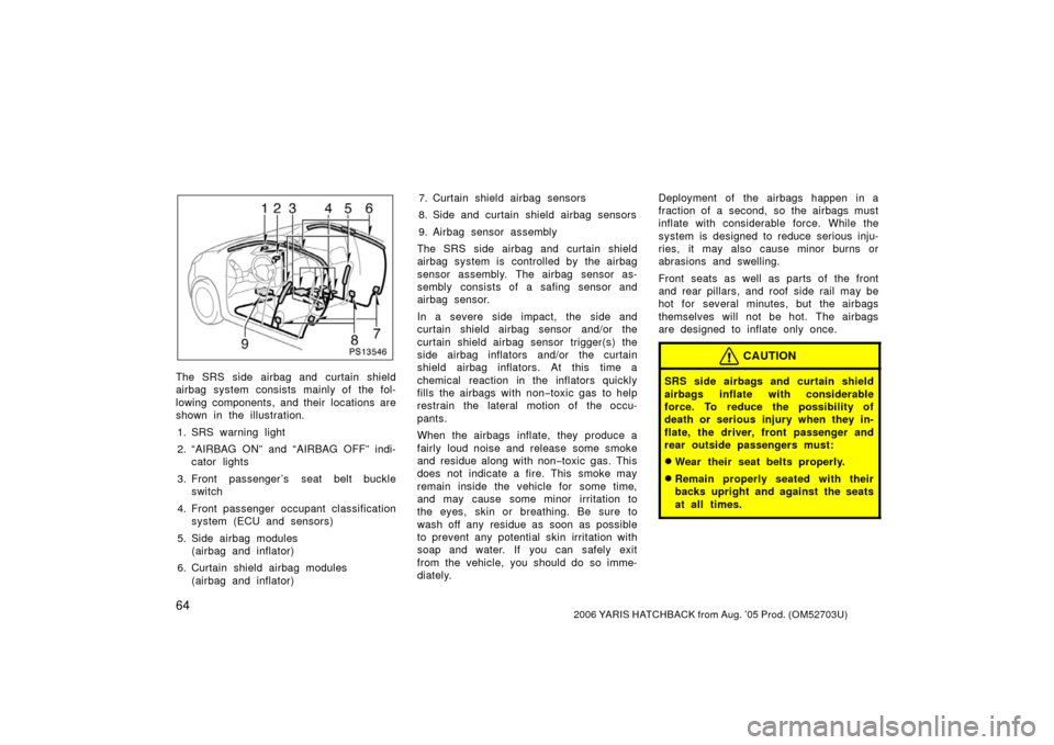 TOYOTA YARIS 2006 2.G Manual PDF 642006 YARIS HATCHBACK from Aug. ’05 Prod. (OM52703U)
PS13546
The SRS side airbag and curtain shield
airbag system consists mainly of the fol-
lowing components, and their  locations are
shown in th