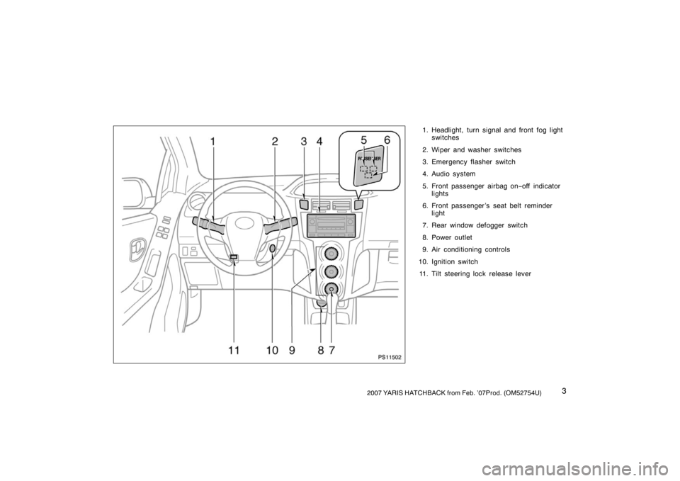 TOYOTA YARIS 2007 2.G User Guide 32007 YARIS HATCHBACK from Feb. ’07Prod. (OM52754U)
1. Headlight, turn signal and front fog lightswitches
2. Wiper and washer switches
3. Emergency flasher switch
4. Audio system
5. Front passenger 
