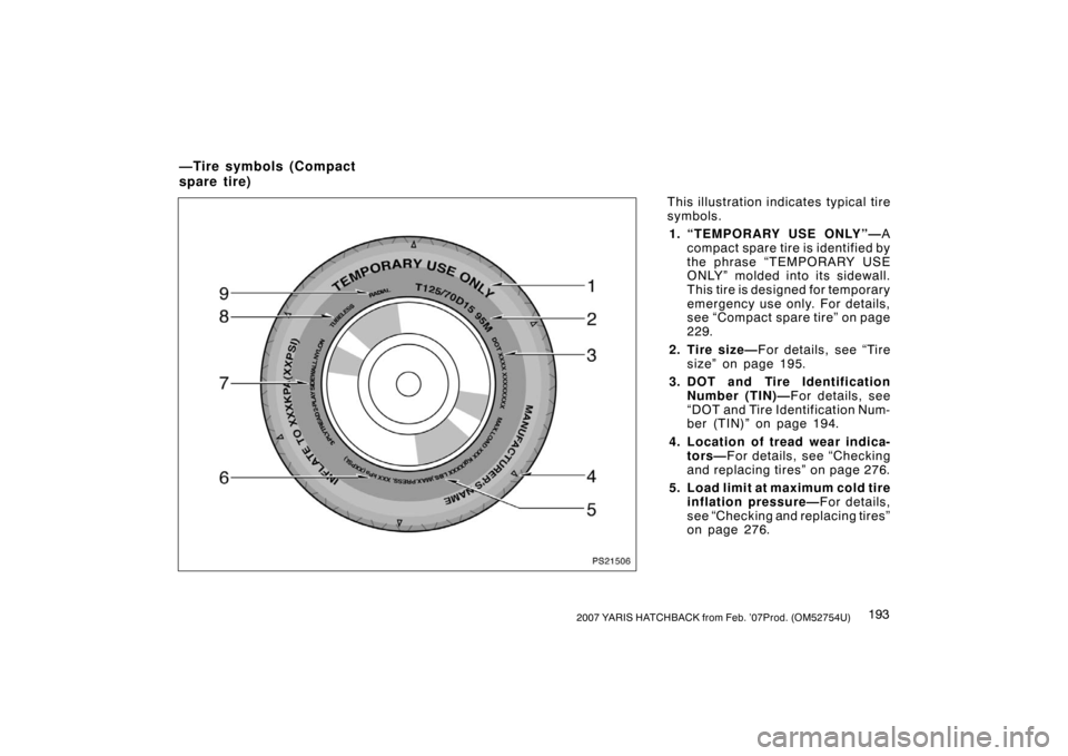 TOYOTA YARIS 2007 2.G Owners Manual 1932007 YARIS HATCHBACK from Feb. ’07Prod. (OM52754U)
This illustration indicates typical tire
symbols.1. “TEMPORARY USE ONLY”— A
compact spare tire is identified by
the phrase “TEMPORARY US