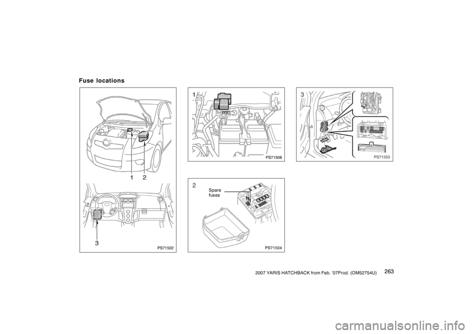 TOYOTA YARIS 2007 2.G Owners Manual 2632007 YARIS HATCHBACK from Feb. ’07Prod. (OM52754U)
Fuse locations
PS71502
PS71508
PS71504
Spare
fuses
PS71505 