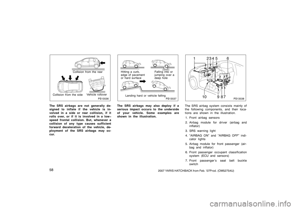 TOYOTA YARIS 2007 2.G Owners Manual 582007 YARIS HATCHBACK from Feb. ’07Prod. (OM52754U)
PS13536
Collision from the rear
Collision from the side Vehicle rollover
The SRS airbags are not generally de-
signed to inflate if  the vehicle 